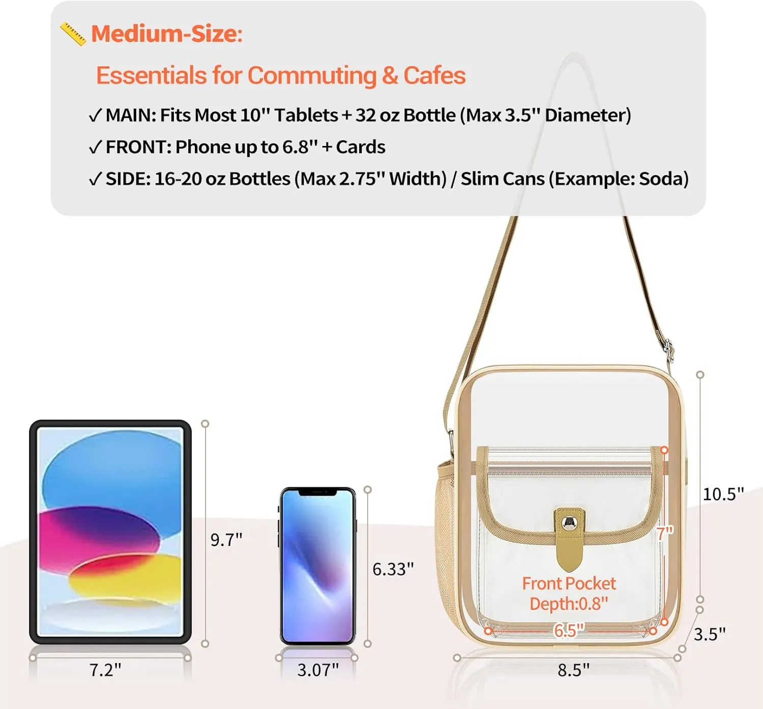 SPODEARS Clear Crossbody Bag for Stadium Events & Concerts - Adjustable Shoulder Strap Purse with 1 Bottle Holder