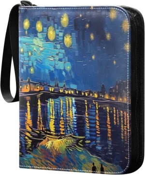 Starry Night Painting Card Binder 4 Pocket Trading Card Album Fits 400 Sports/Game Cards, PU Cover 3 Ring Card Collection with 50 Removable Sleeves