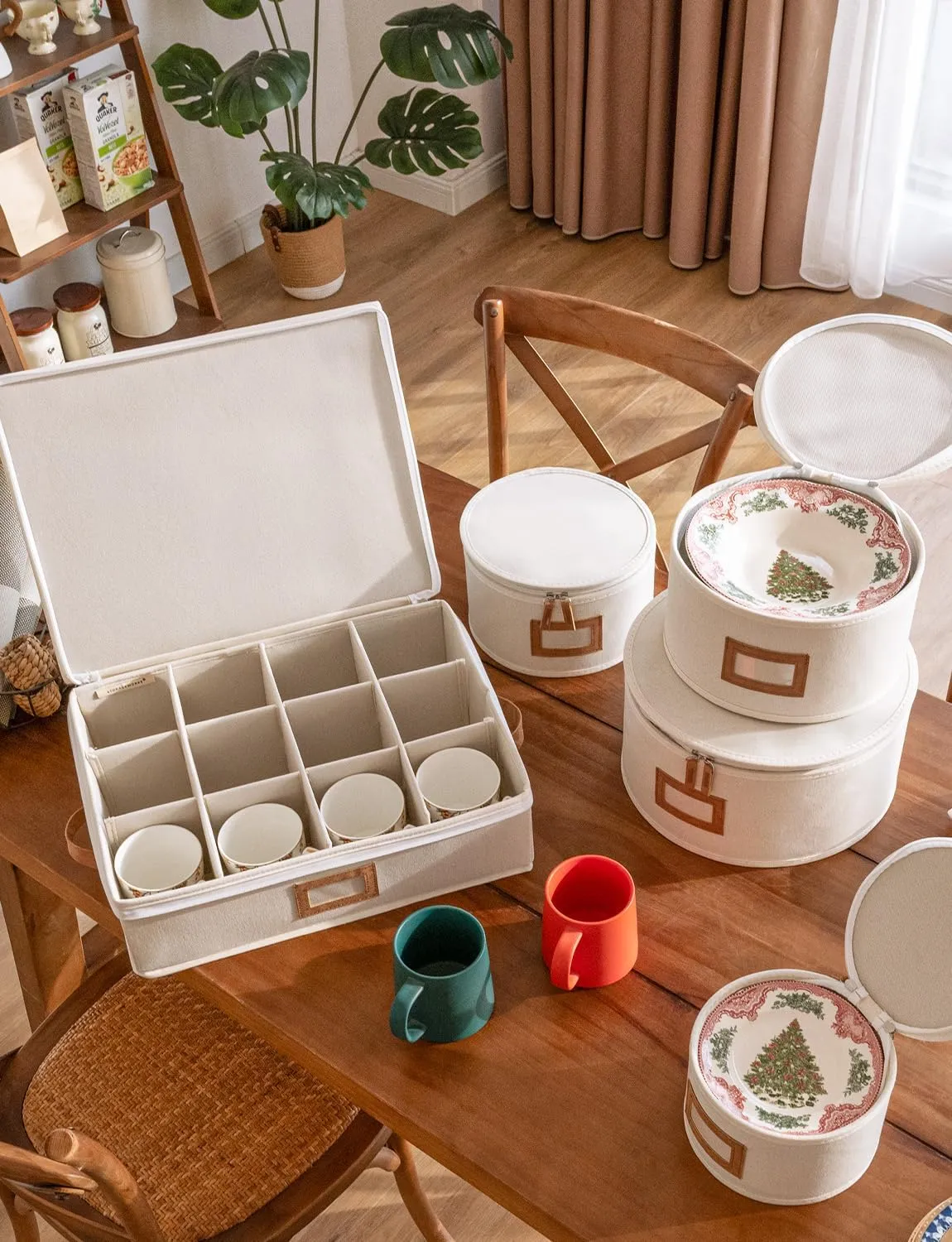 StorageWorks China Storage Containers, Hard Shell China Storage Boxes for Dishes, Plates and Mugs, Stemware Storage Cases, Holds up to 12 Place Setting, Foldable and Stackable Organizer, 5 Pack, Beige