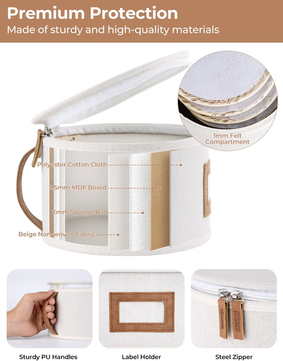 StorageWorks China Storage Containers, Hard Shell China Storage Boxes for Dishes, Plates and Mugs, Stemware Storage Cases, Holds up to 12 Place Setting, Foldable and Stackable Organizer, 5 Pack, Beige