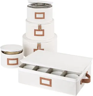 StorageWorks China Storage Containers, Hard Shell China Storage Boxes for Dishes, Plates and Mugs, Stemware Storage Cases, Holds up to 12 Place Setting, Foldable and Stackable Organizer, 5 Pack, Beige