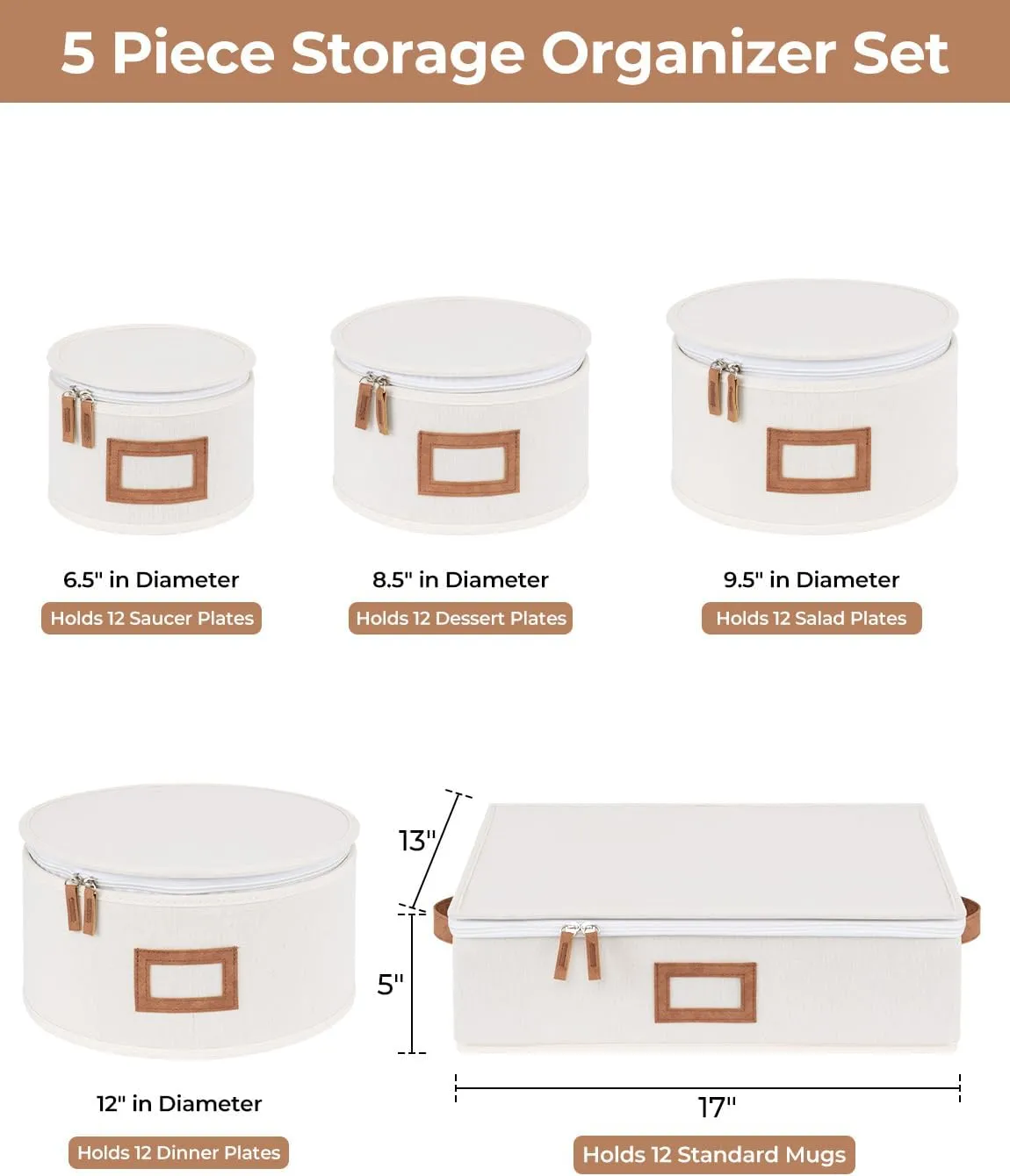 StorageWorks China Storage Containers, Hard Shell China Storage Boxes for Dishes, Plates and Mugs, Stemware Storage Cases, Holds up to 12 Place Setting, Foldable and Stackable Organizer, 5 Pack, Beige