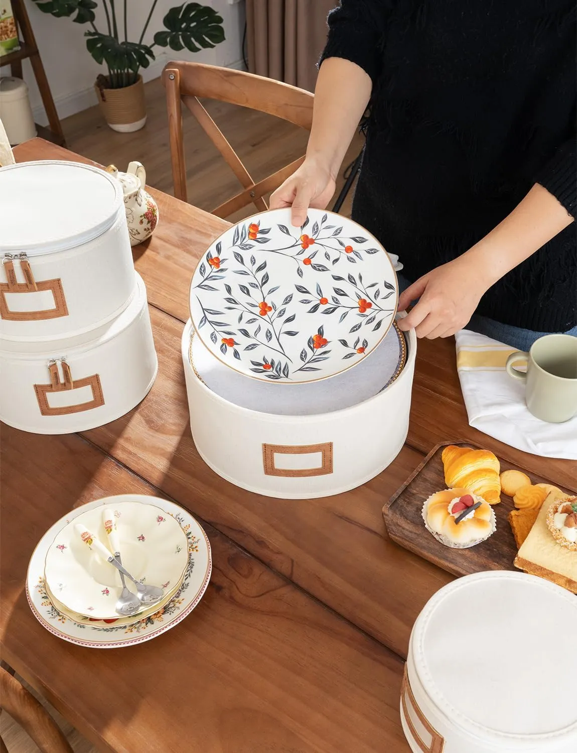 StorageWorks China Storage Containers, Hard Shell China Storage Boxes for Dishes, Plates and Mugs, Stemware Storage Cases, Holds up to 12 Place Setting, Foldable and Stackable Organizer, 5 Pack, Beige