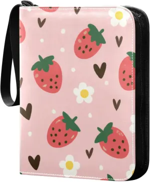 Strawberry and Daisy Card Binder 4 Pocket Trading Card Album Fits 400 Sports/Game Cards, PU Cover 3 Ring Card Collection with 50 Removable Sleeves