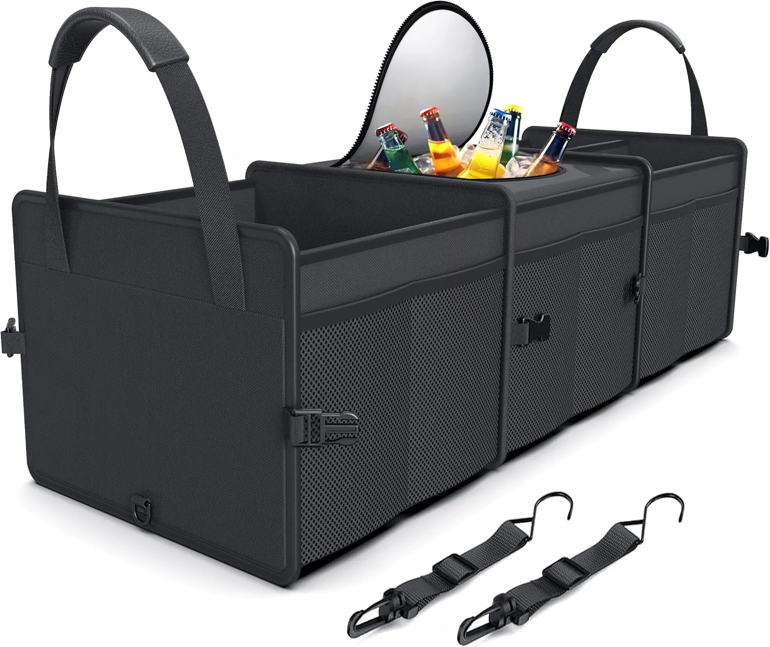 Sturdy Large Volume Car Trunk Organizer for SUV with Premium Insulation Built-in Cooler, 3 Compartments Heavy Duty Collapsible Storage Organizer for Car, Truck, or Van