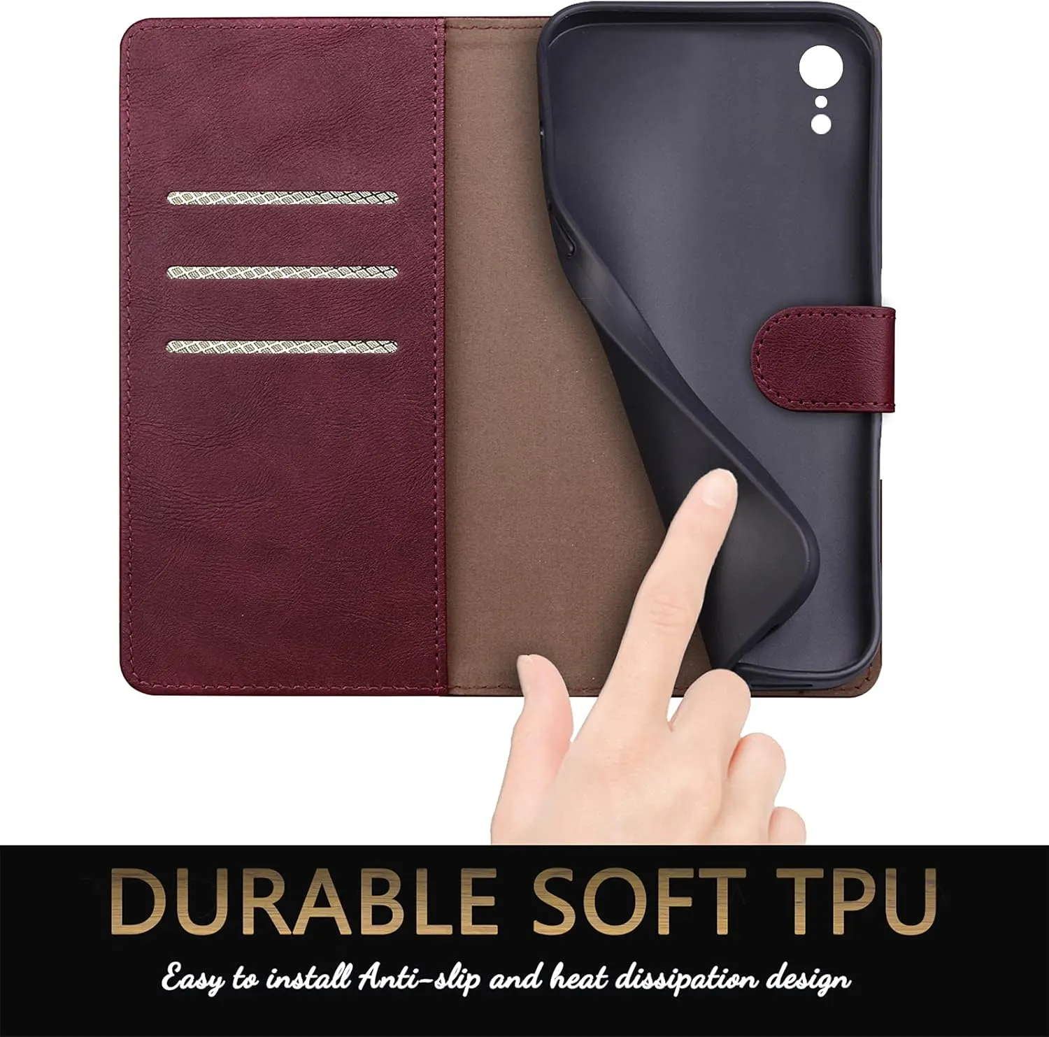SUANPOT for iPhone XR 6.1 (Non XS 5.8",XS Max 6.7") Leather Wallet case with RFID Blocking Credit Card Holder Flip Folio Book Phone Cover Shockproof Pocket case for Apple XR for Men Women Wine Red
