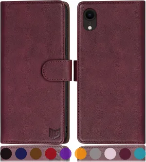 SUANPOT for iPhone XR 6.1 (Non XS 5.8",XS Max 6.7") Leather Wallet case with RFID Blocking Credit Card Holder Flip Folio Book Phone Cover Shockproof Pocket case for Apple XR for Men Women Wine Red