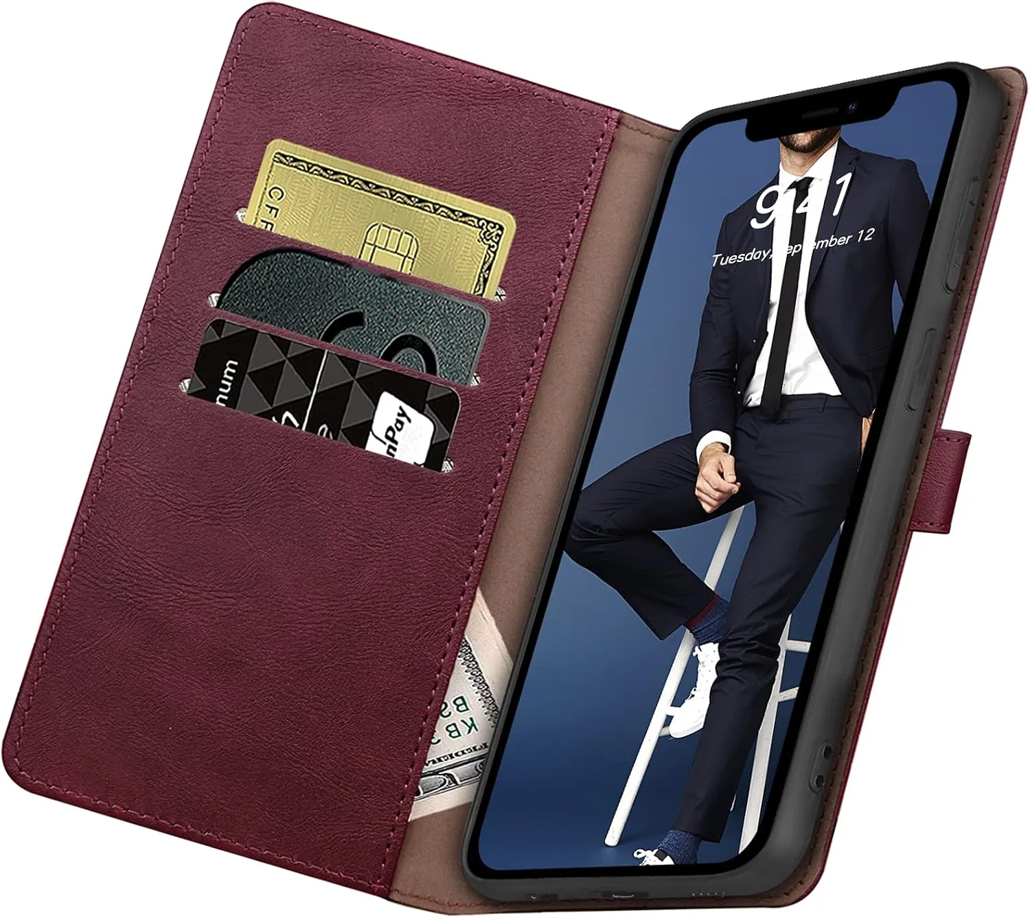 SUANPOT for iPhone XR 6.1 (Non XS 5.8",XS Max 6.7") Leather Wallet case with RFID Blocking Credit Card Holder Flip Folio Book Phone Cover Shockproof Pocket case for Apple XR for Men Women Wine Red