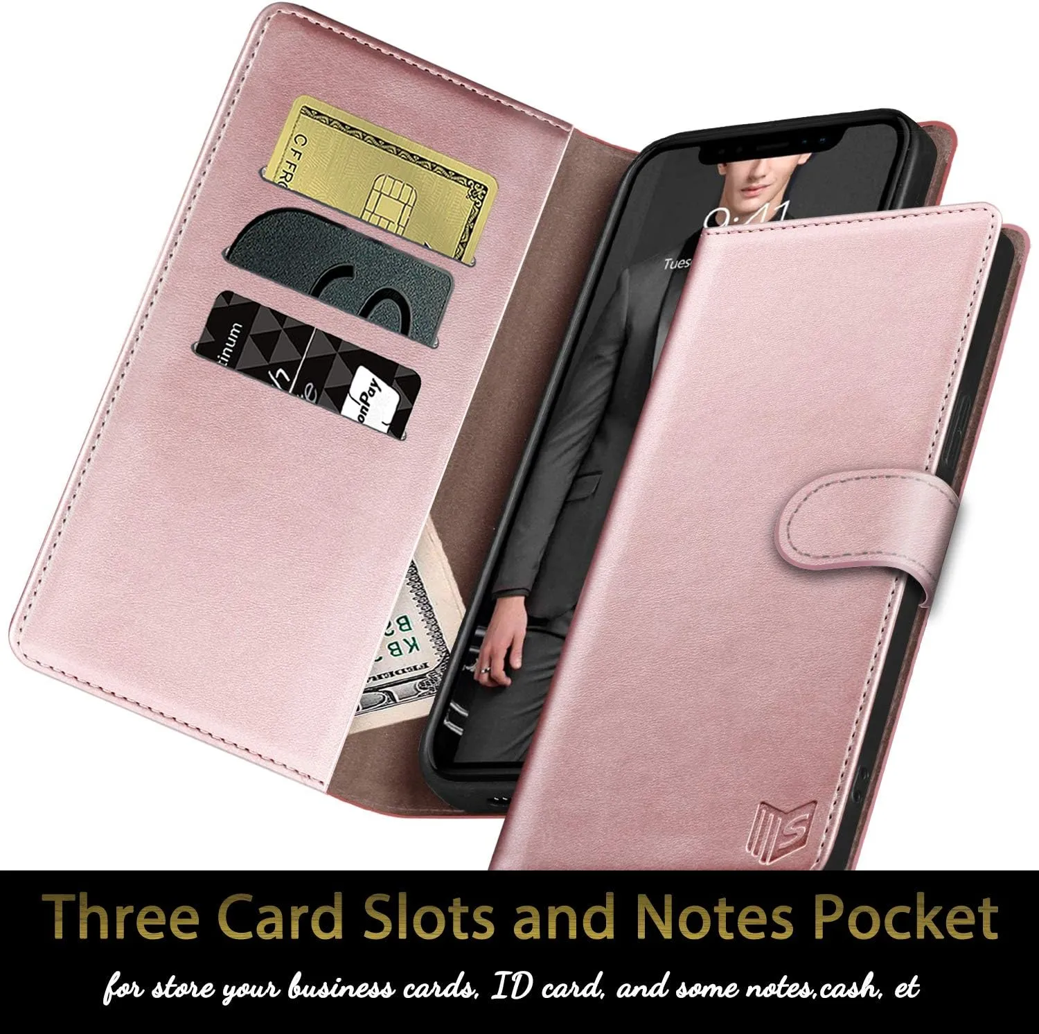 SUANPOT for iPhone X/XS 5.8"(Non XS Max 6.5") with RFID Blocking Leather Wallet case Credit Card Holder, Flip Folio Book Phone case Shockproof Cover for Women Men for Apple X/Xs case Wallet Rose God