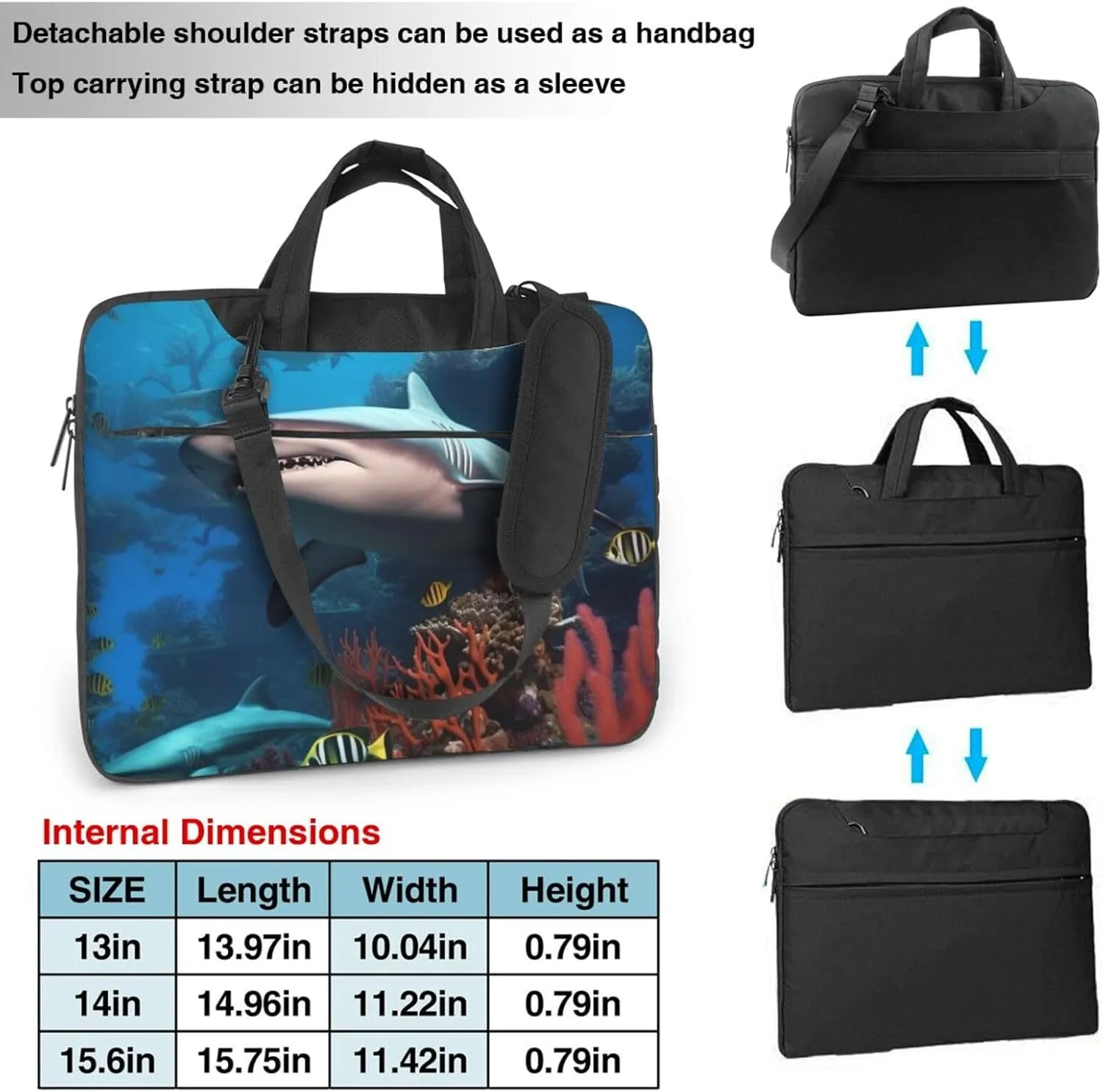 Submarine Shark Coral Laptop Shoulder Bag Portable Laptop Bag Laptop Case Crossbody Briefcase w/Strap Handle
