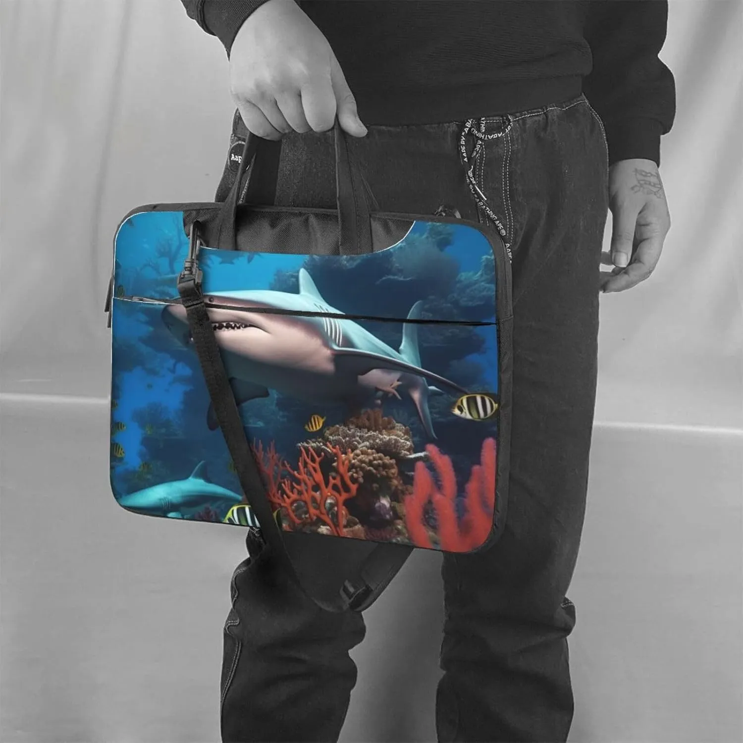 Submarine Shark Coral Laptop Shoulder Bag Portable Laptop Bag Laptop Case Crossbody Briefcase w/Strap Handle