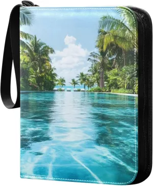 Summer Pool Pattern Card Binder 4 Pocket Trading Card Album Fits 400 Sports/Game Cards, PU Cover 3 Ring Card Collection with 50 Removable Sleeves