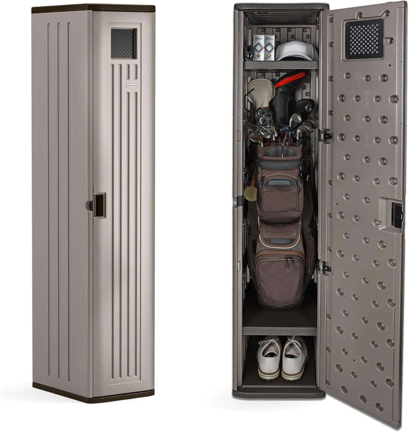 Suncast Garage and Golf Storage Organizer – Golf Rack and Bag Storage, Hall Tree with Shoe Cubby, Heavy-Duty Resin Locker Cabinet with Adjustable Shelves, Lockable, for Golf Equipment, Made in the USA