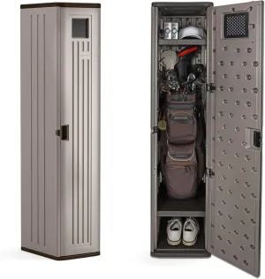 Suncast Garage and Golf Storage Organizer – Golf Rack and Bag Storage, Hall Tree with Shoe Cubby, Heavy-Duty Resin Locker Cabinet with Adjustable Shelves, Lockable, for Golf Equipment, Made in the USA