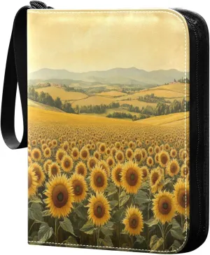Sunflower Field Oil Painting Cards Binder 4 Pocket Fits 400 Cards with 50 Removable Sleevesves, Trading Card Collector Zipper Album Holder Portable Card Games Display Storage Cases
