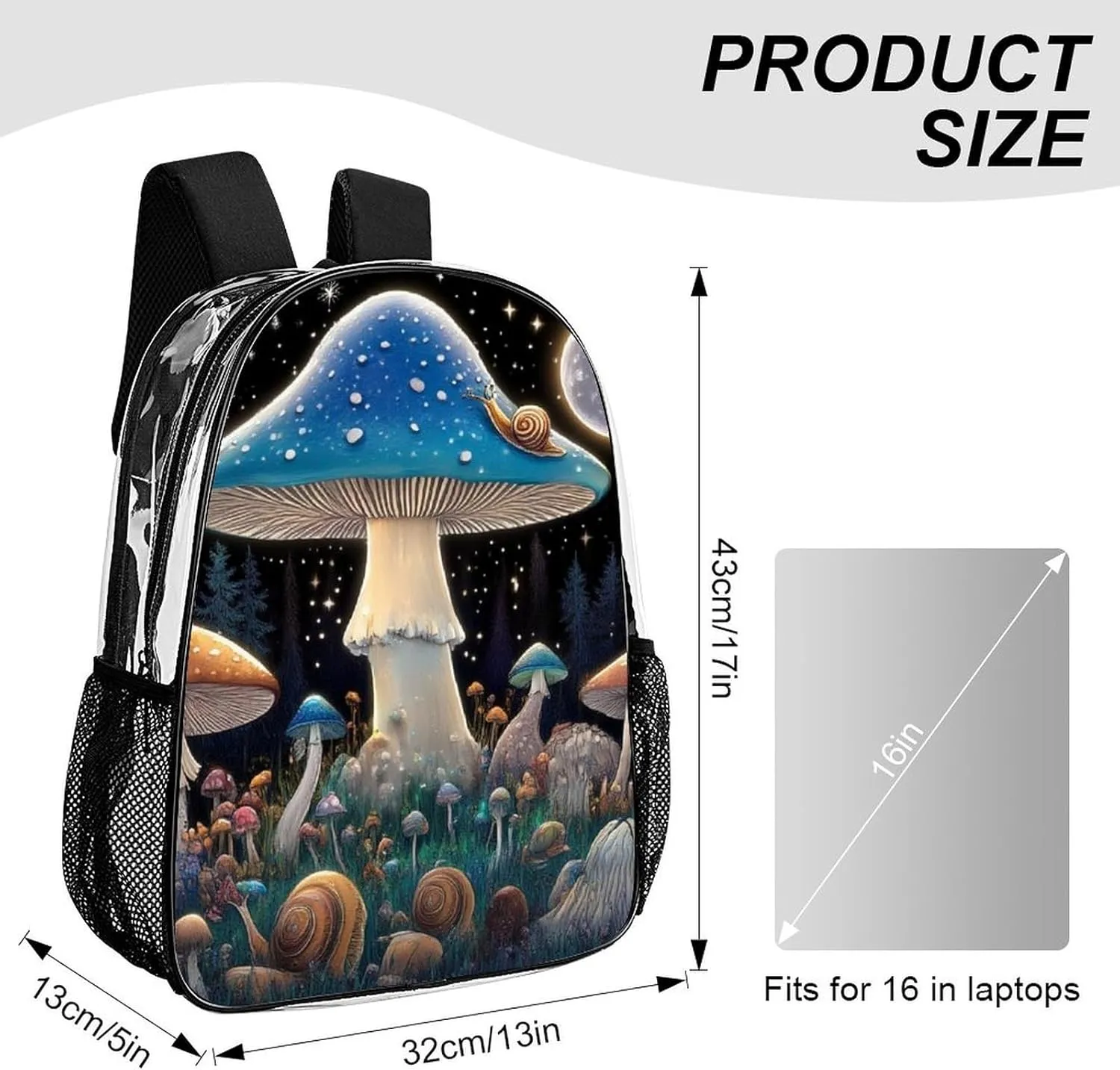 Supdreamc Adults Lightweight Trippy Magical Mushroom Art Rucksacks Large Capacity Bookbag Transparent Bag for Trekking Outdoors Bicycle