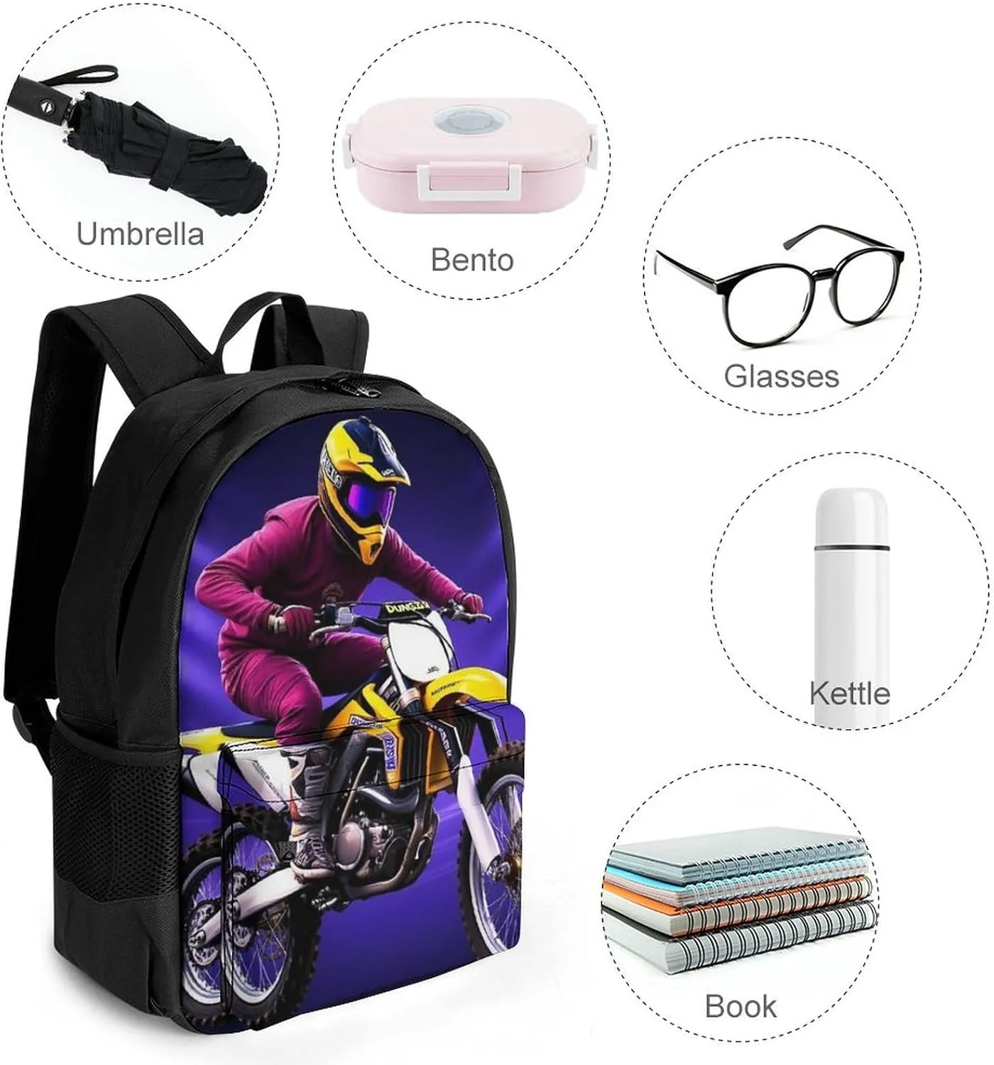 Supdreamc Lightweight Daypack Bookbag for Trekking Business Walking Cycling - Big Capacity Anti-Theft Multipurpose Carry On Bag, Cool Motorcycle Motocross Dirt Bike Business Computer Bag