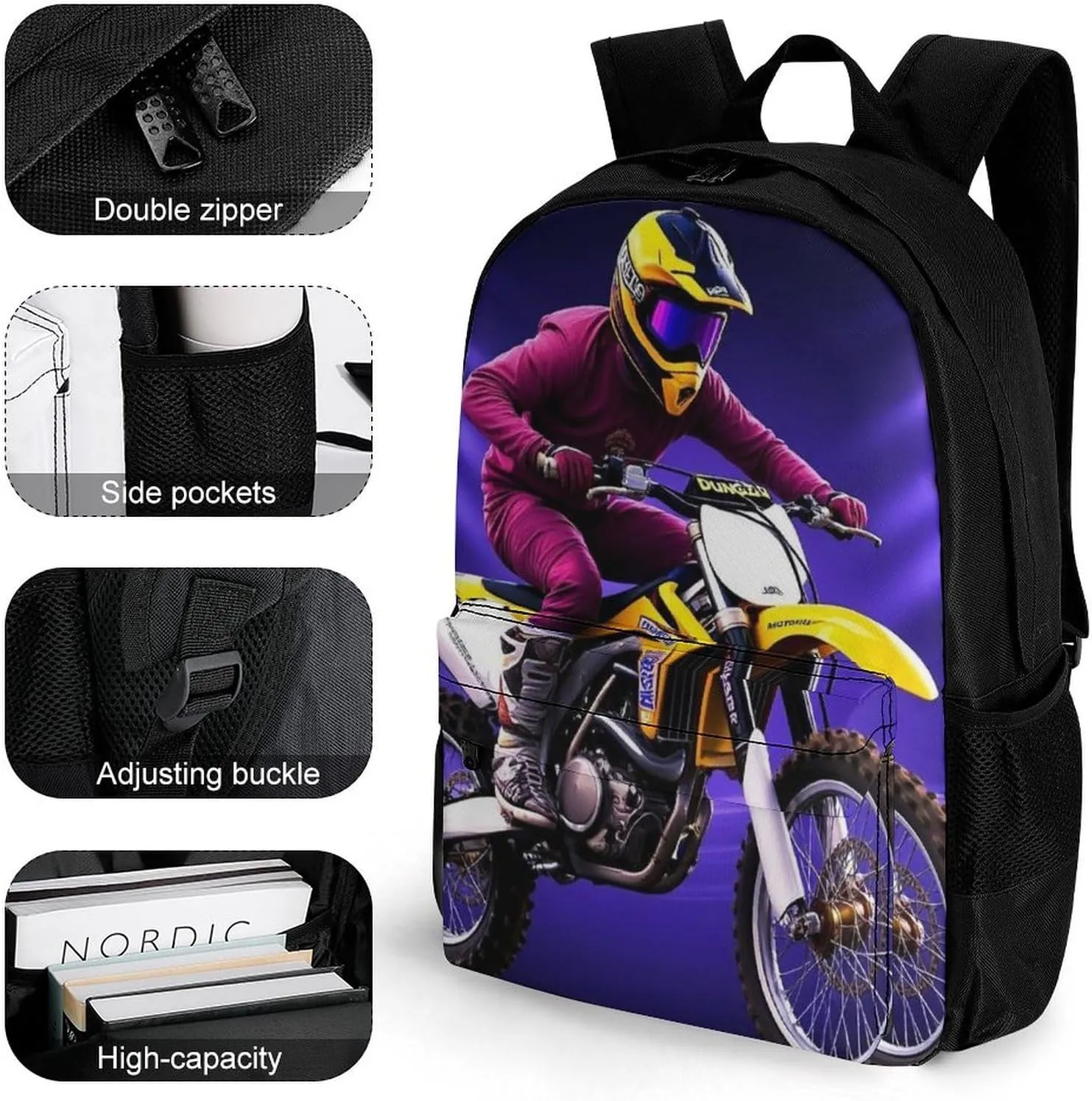 Supdreamc Lightweight Daypack Bookbag for Trekking Business Walking Cycling - Big Capacity Anti-Theft Multipurpose Carry On Bag, Cool Motorcycle Motocross Dirt Bike Business Computer Bag