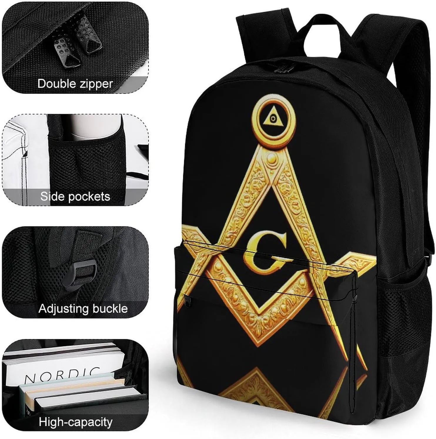 Supdreamc Lightweight Daypack Bookbag for Trekking Business Walking Cycling - Big Capacity Anti-Theft Multipurpose Carry On Bag, Gold Freemason Freemasonry Masonic Business Computer Bag
