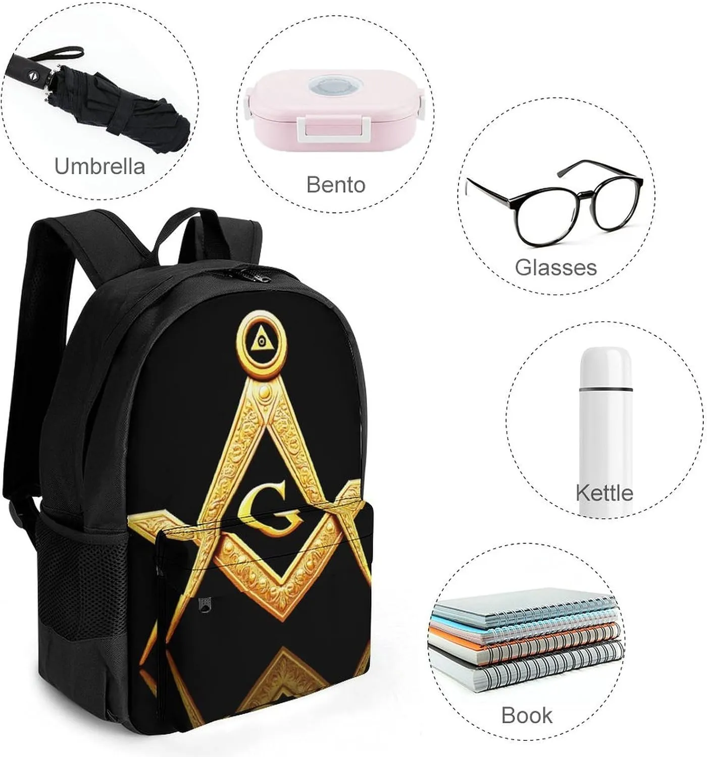 Supdreamc Lightweight Daypack Bookbag for Trekking Business Walking Cycling - Big Capacity Anti-Theft Multipurpose Carry On Bag, Gold Freemason Freemasonry Masonic Business Computer Bag