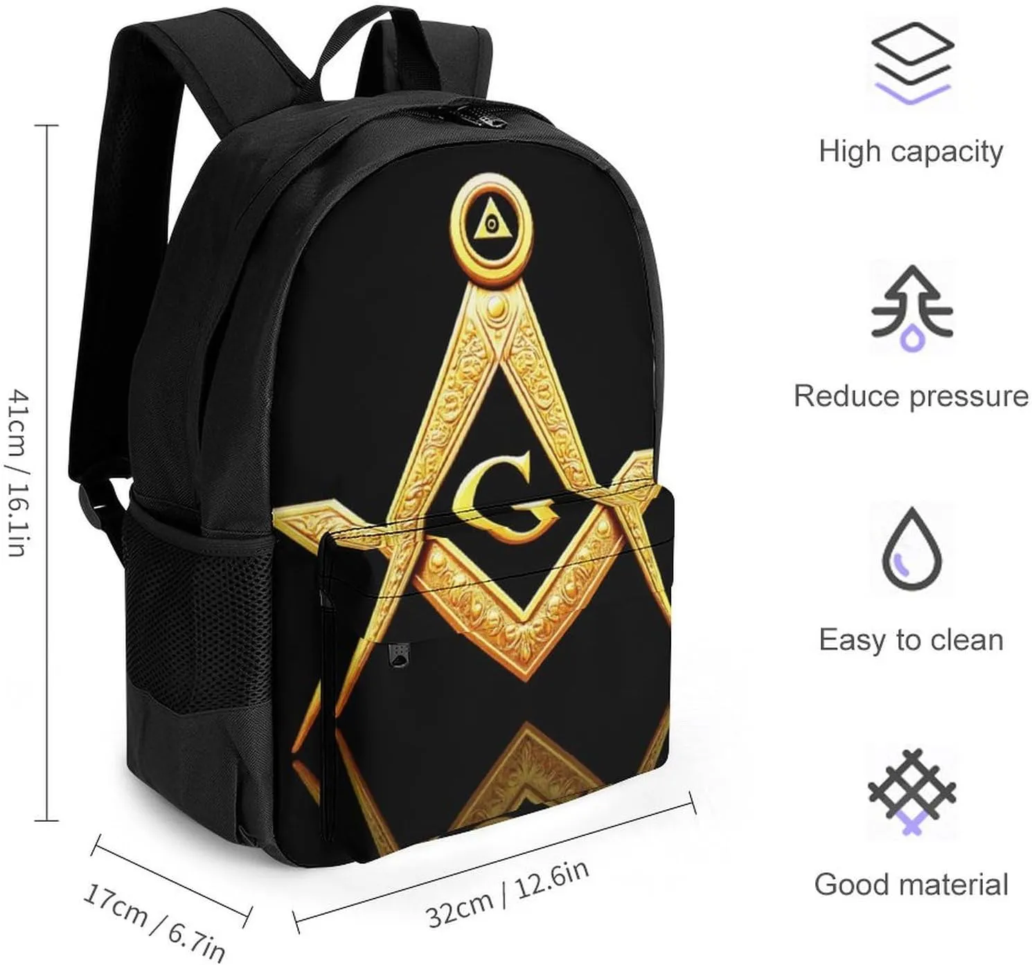 Supdreamc Lightweight Daypack Bookbag for Trekking Business Walking Cycling - Big Capacity Anti-Theft Multipurpose Carry On Bag, Gold Freemason Freemasonry Masonic Business Computer Bag