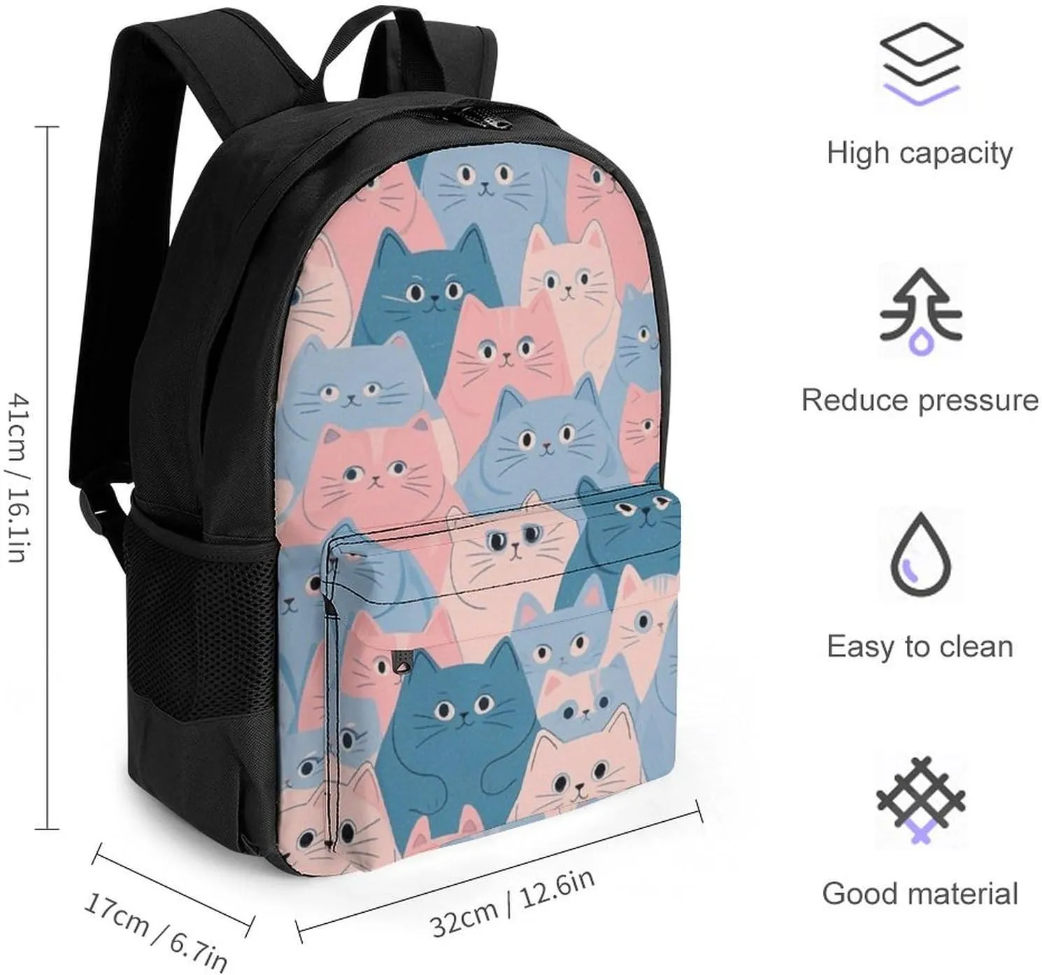Supdreamc Lightweight Rucksacks for Camping Picnic Walking Cycling - Large Capacity Multipurpose Anti-Theft Carry On Bag, Cartoon Crazy Cat Art Travel Hiking & Camping Rucksack