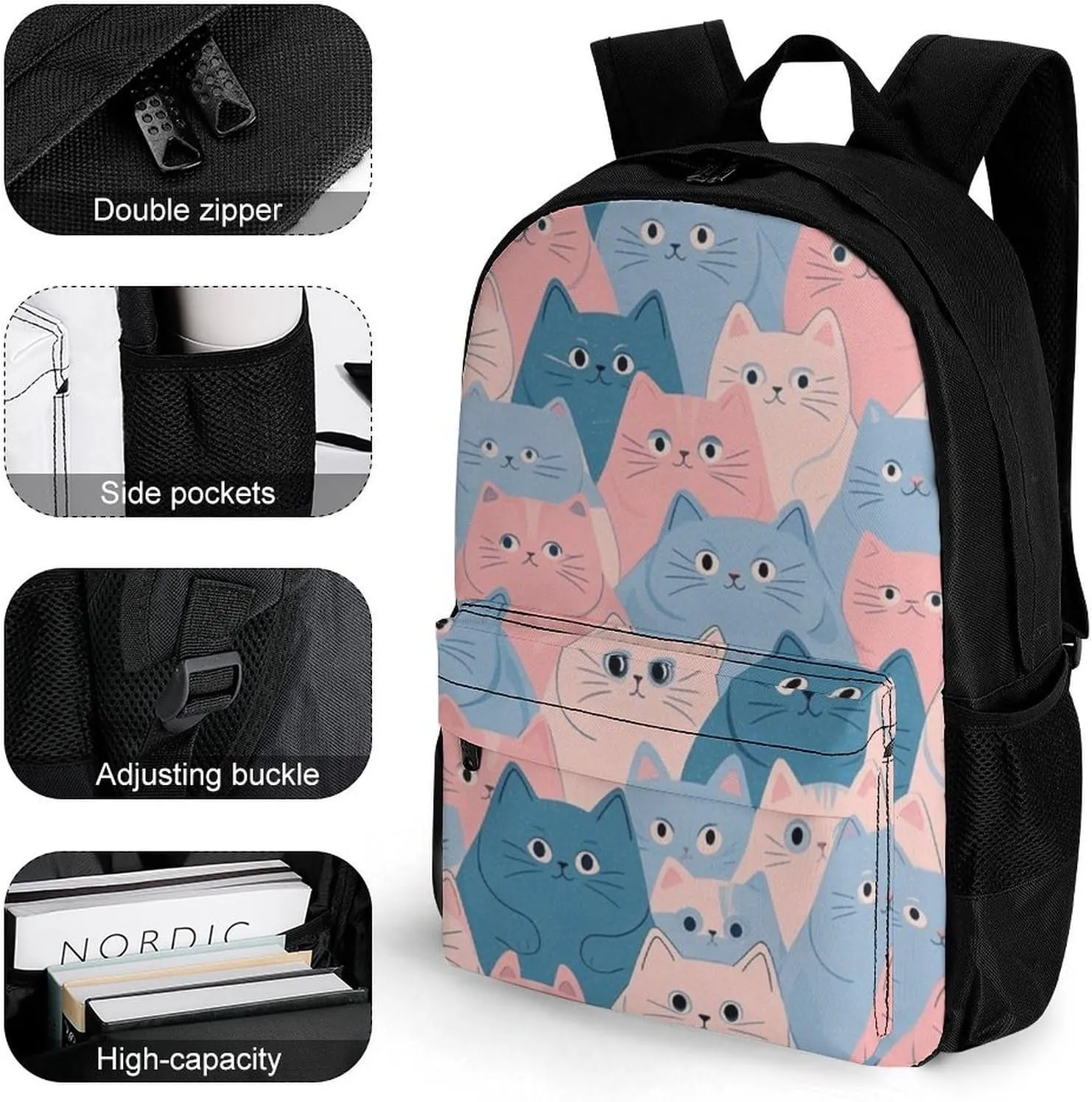 Supdreamc Lightweight Rucksacks for Camping Picnic Walking Cycling - Large Capacity Multipurpose Anti-Theft Carry On Bag, Cartoon Crazy Cat Art Travel Hiking & Camping Rucksack