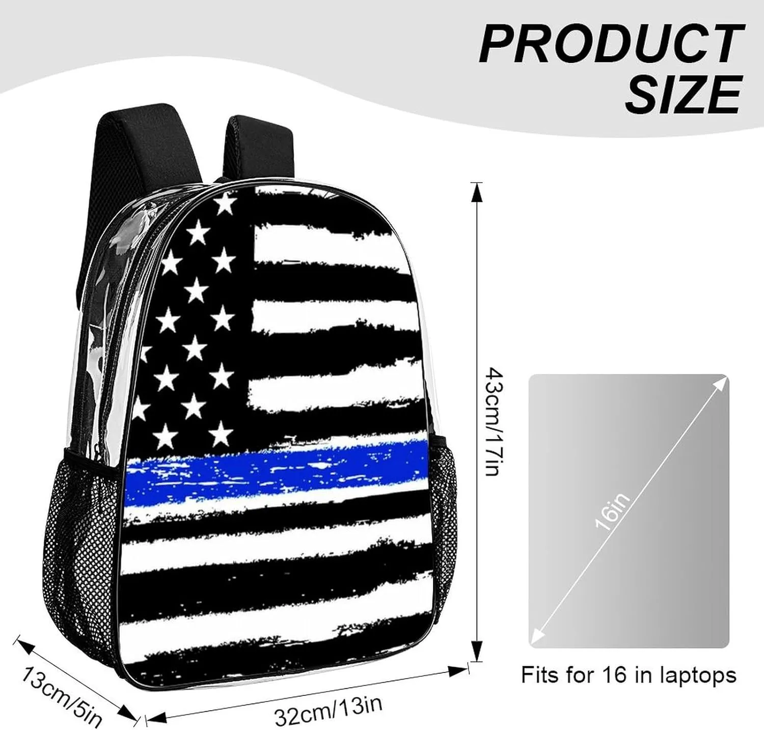Supdreamc Men Women Lightweight American Thin Blue Line Flag Black And White Backpack Large Capacity Bookbag Transparent Bag for Gym Business Running