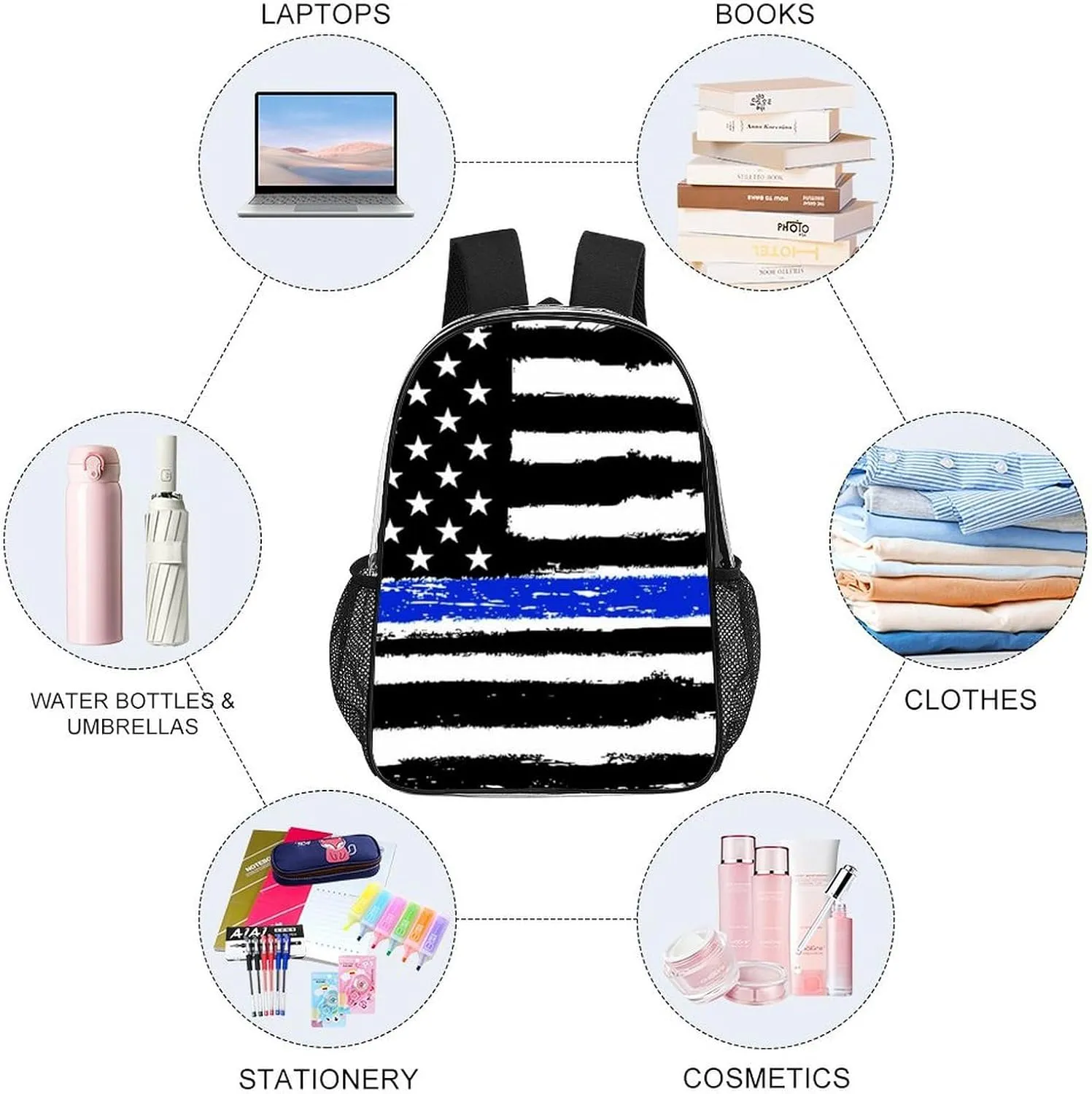 Supdreamc Men Women Lightweight American Thin Blue Line Flag Black And White Backpack Large Capacity Bookbag Transparent Bag for Gym Business Running