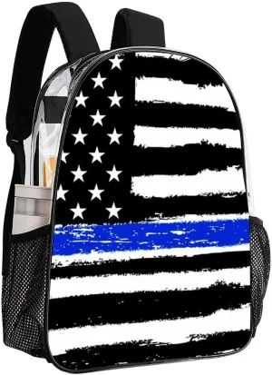 Supdreamc Men Women Lightweight American Thin Blue Line Flag Black And White Backpack Large Capacity Bookbag Transparent Bag for Gym Business Running
