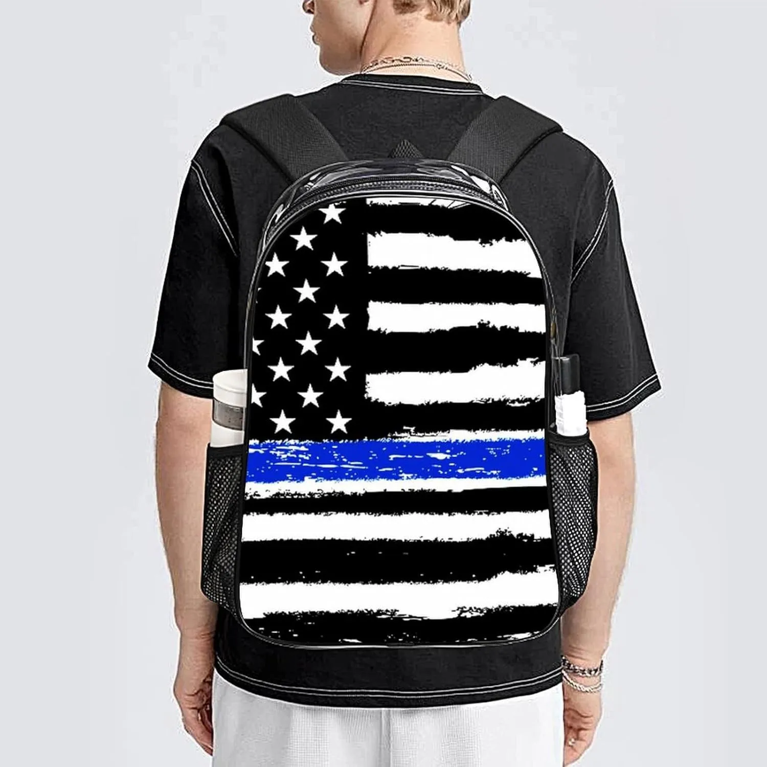 Supdreamc Men Women Lightweight American Thin Blue Line Flag Black And White Backpack Large Capacity Bookbag Transparent Bag for Gym Business Running
