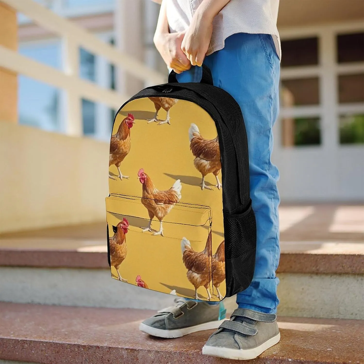 Supdreamc Men Women Lightweight Chicken Rooster Art Daypack Bookbag Big Capacity Carry On Bag With Side Pockets for Camping Travel Bicycle