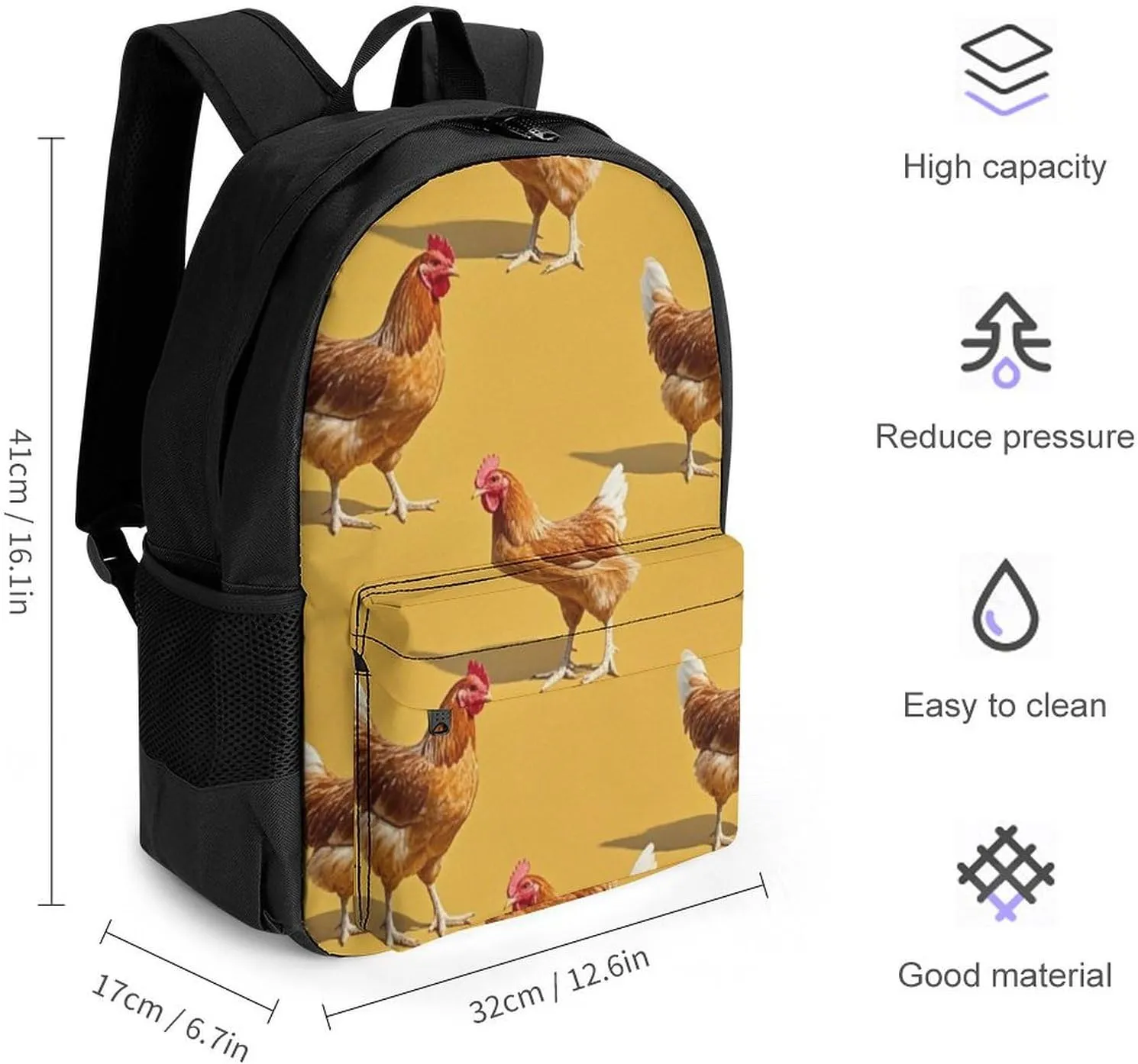 Supdreamc Men Women Lightweight Chicken Rooster Art Daypack Bookbag Big Capacity Carry On Bag With Side Pockets for Camping Travel Bicycle