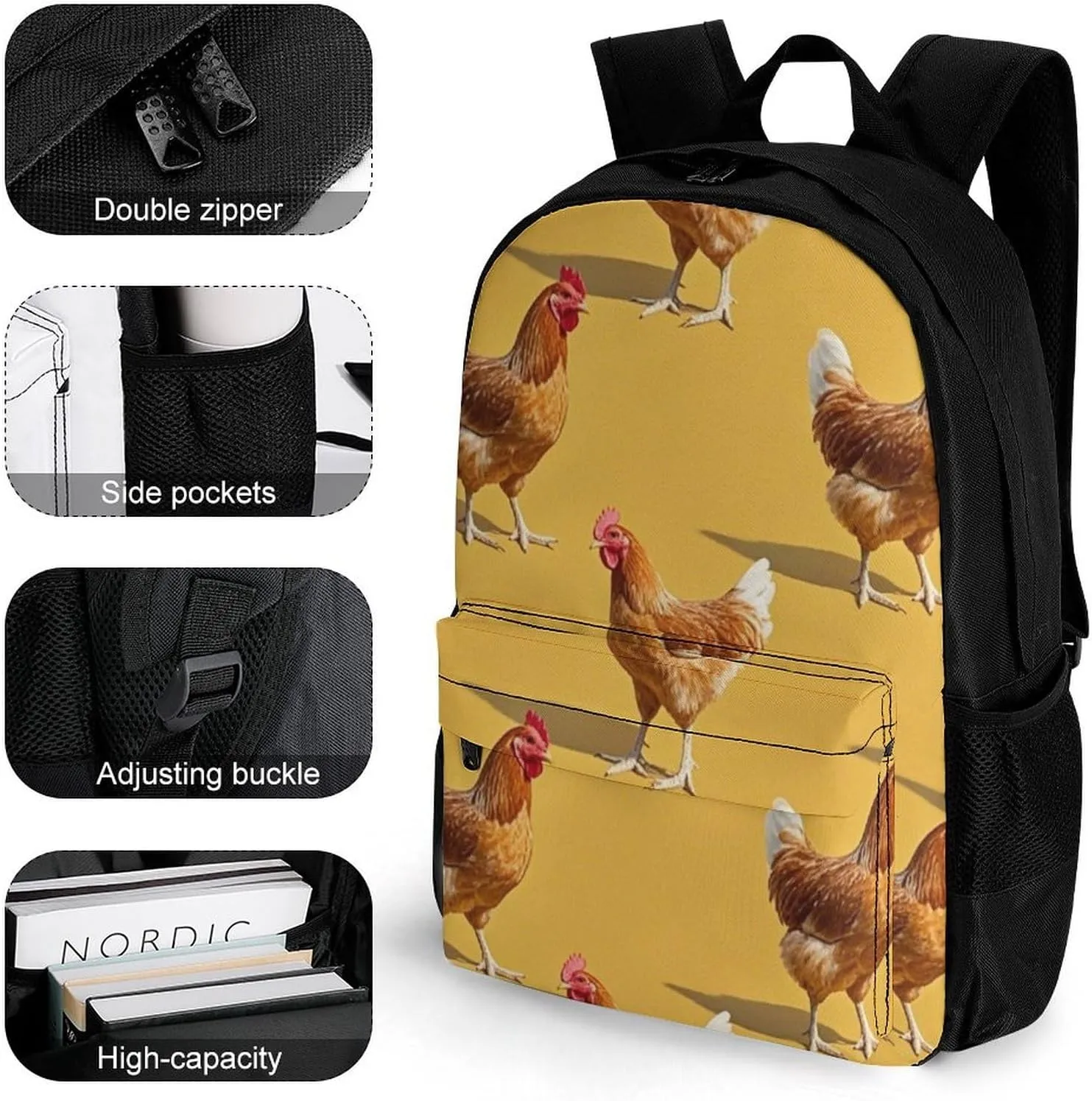 Supdreamc Men Women Lightweight Chicken Rooster Art Daypack Bookbag Big Capacity Carry On Bag With Side Pockets for Camping Travel Bicycle