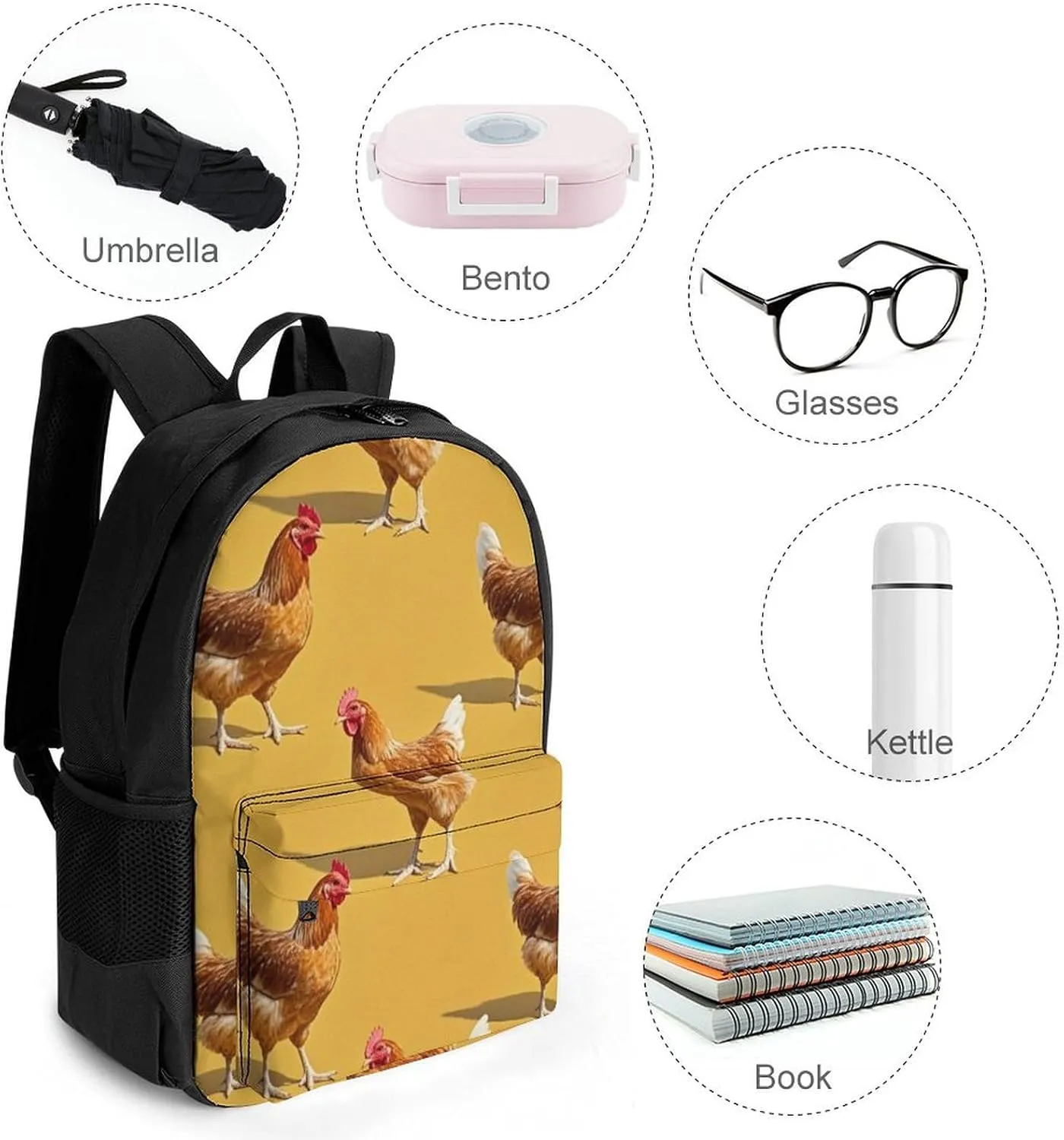 Supdreamc Men Women Lightweight Chicken Rooster Art Daypack Bookbag Big Capacity Carry On Bag With Side Pockets for Camping Travel Bicycle