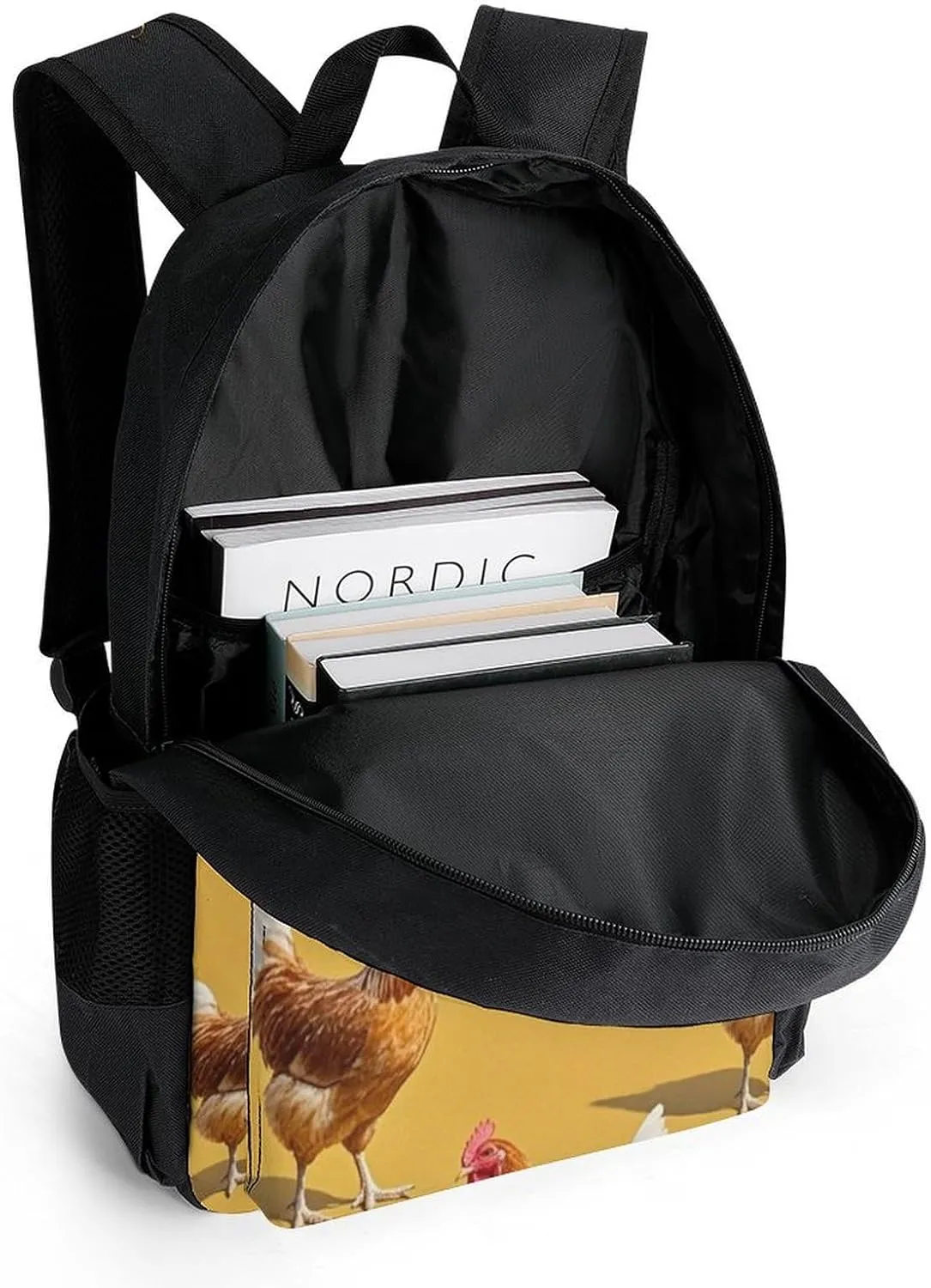 Supdreamc Men Women Lightweight Chicken Rooster Art Daypack Bookbag Big Capacity Carry On Bag With Side Pockets for Camping Travel Bicycle