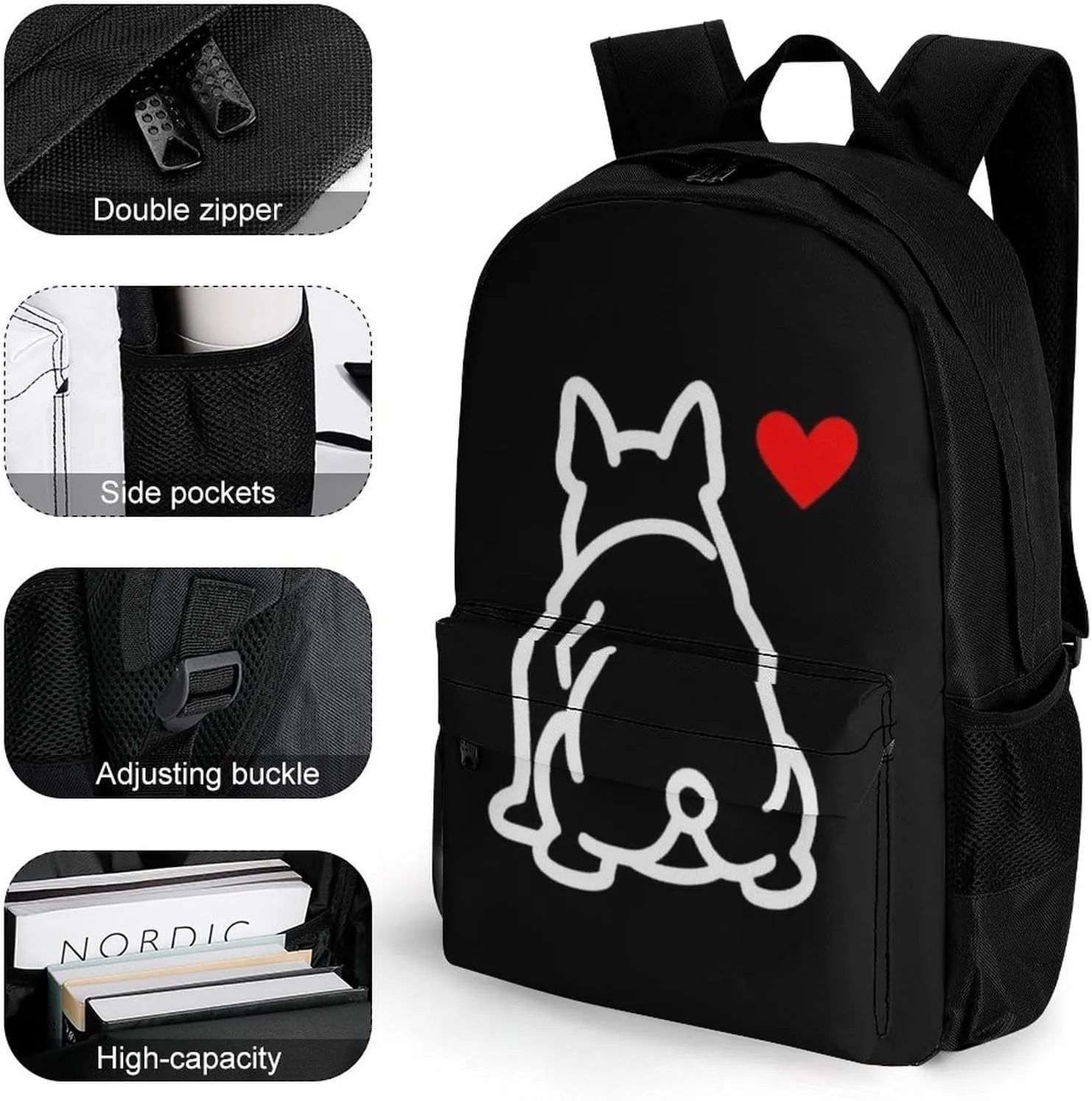Supdreamc Men Women Polyester Funny French Bulldog Puppy Dog Daypack Bookbag Big Capacity Shoulder Bag With Padded Straps for Climbing Travel Walking Cycling
