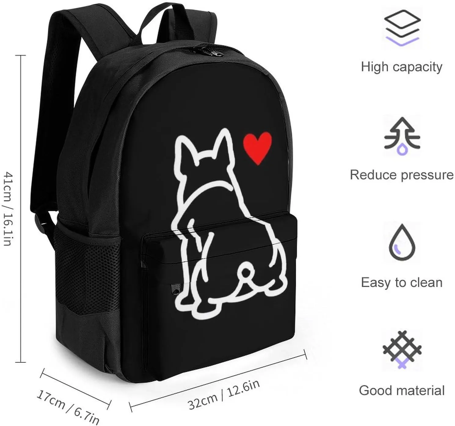 Supdreamc Men Women Polyester Funny French Bulldog Puppy Dog Daypack Bookbag Big Capacity Shoulder Bag With Padded Straps for Climbing Travel Walking Cycling