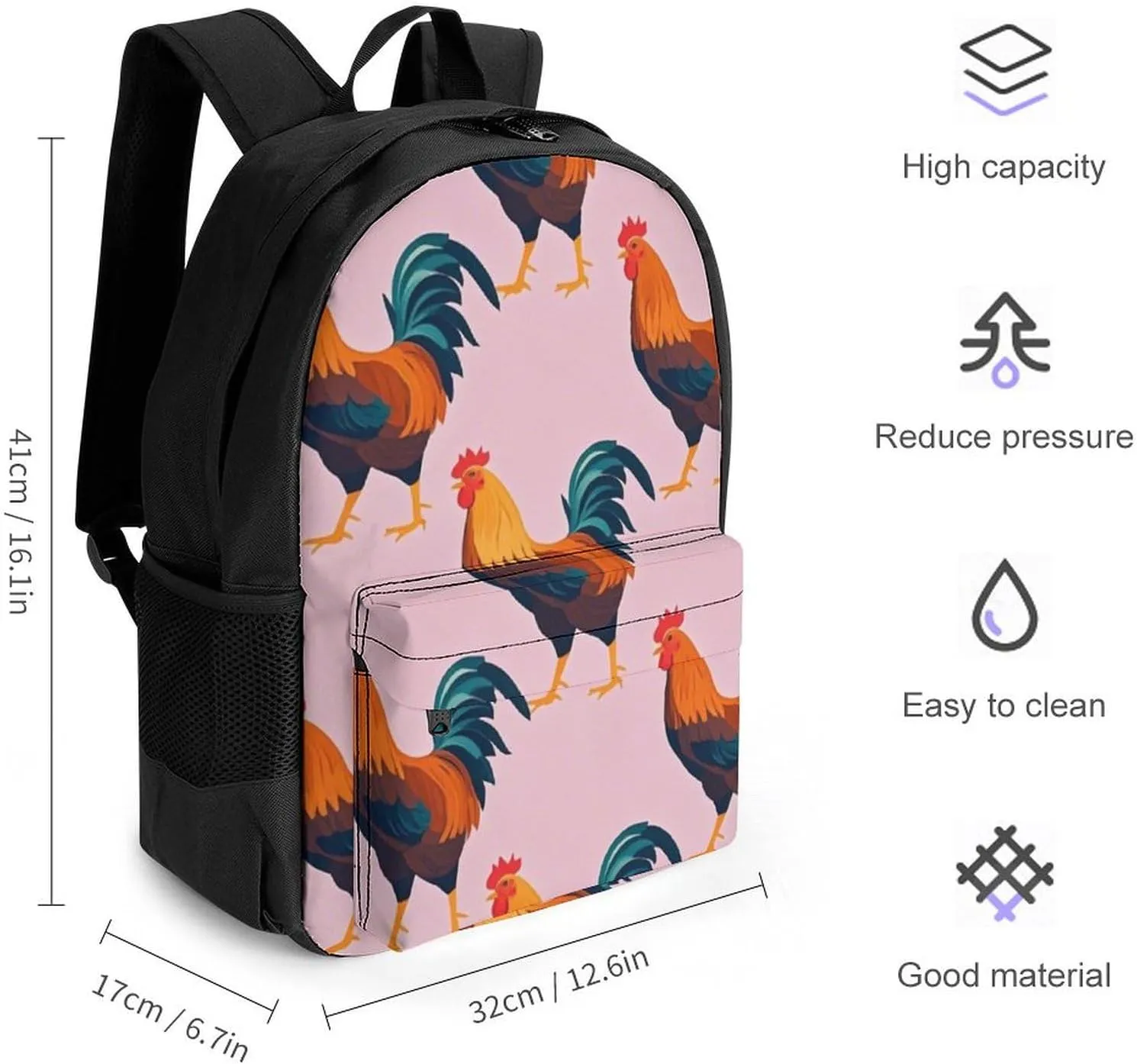Supdreamc Men Women Polyester Rustic Farmhouse Chicken Rooster Art Casual Daypack Large Capacity Carry On Bag With Adjustable Shoulder Straps for Camping Work Running