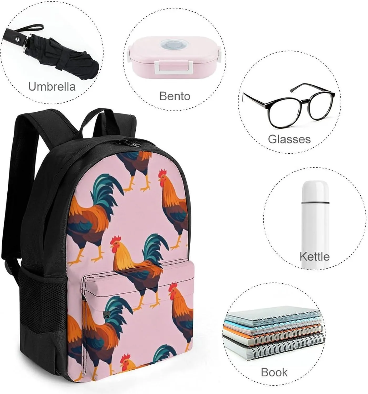 Supdreamc Men Women Polyester Rustic Farmhouse Chicken Rooster Art Casual Daypack Large Capacity Carry On Bag With Adjustable Shoulder Straps for Camping Work Running