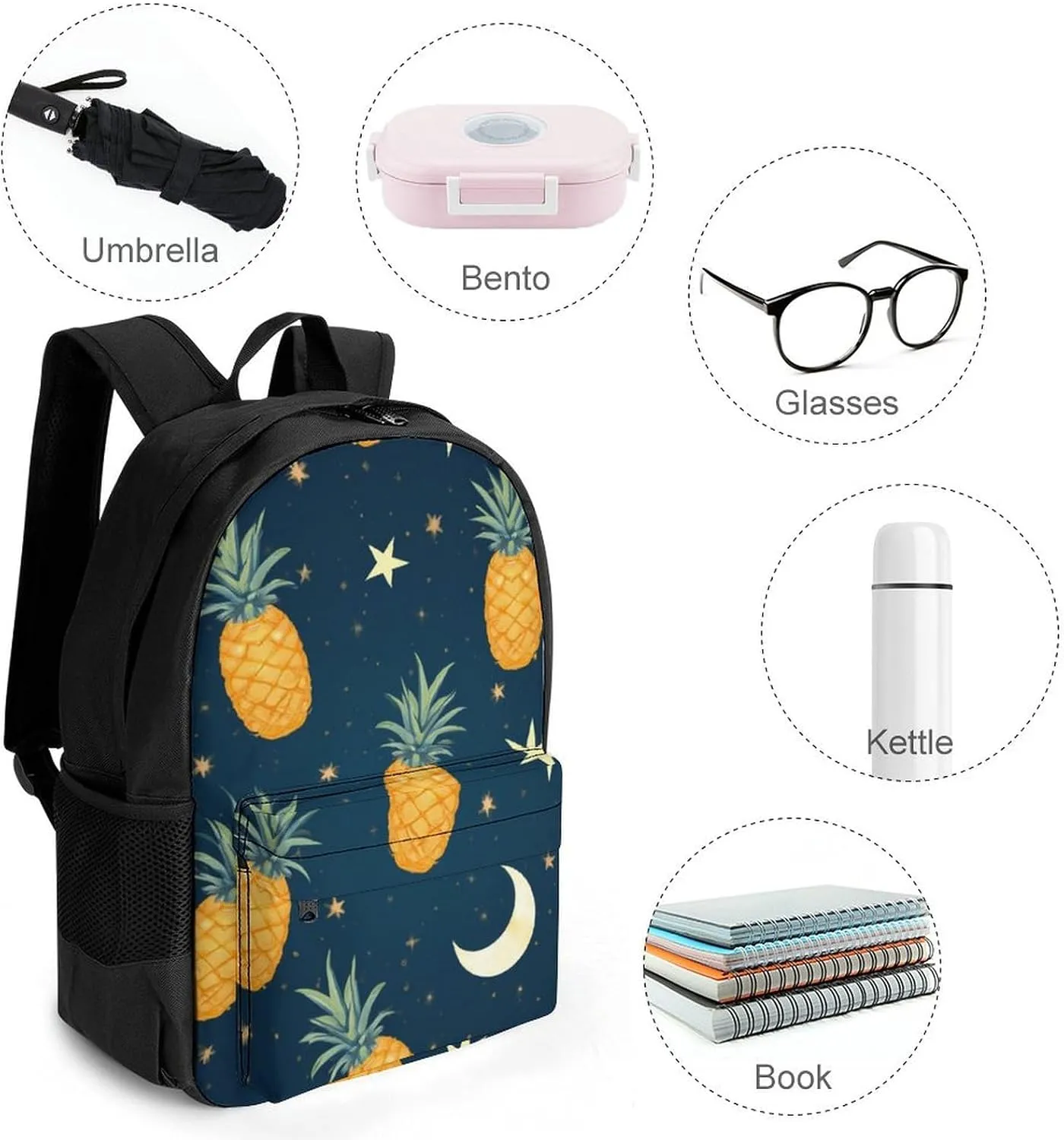 Supdreamc Men Women Polyester Starry Star Pineapple Moon Sky Blue Art Casual Daypack Large Capacity Carry On Bag With Adjustable Shoulder Straps for Camping Work Running