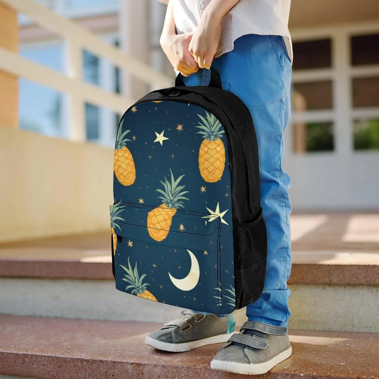Supdreamc Men Women Polyester Starry Star Pineapple Moon Sky Blue Art Casual Daypack Large Capacity Carry On Bag With Adjustable Shoulder Straps for Camping Work Running