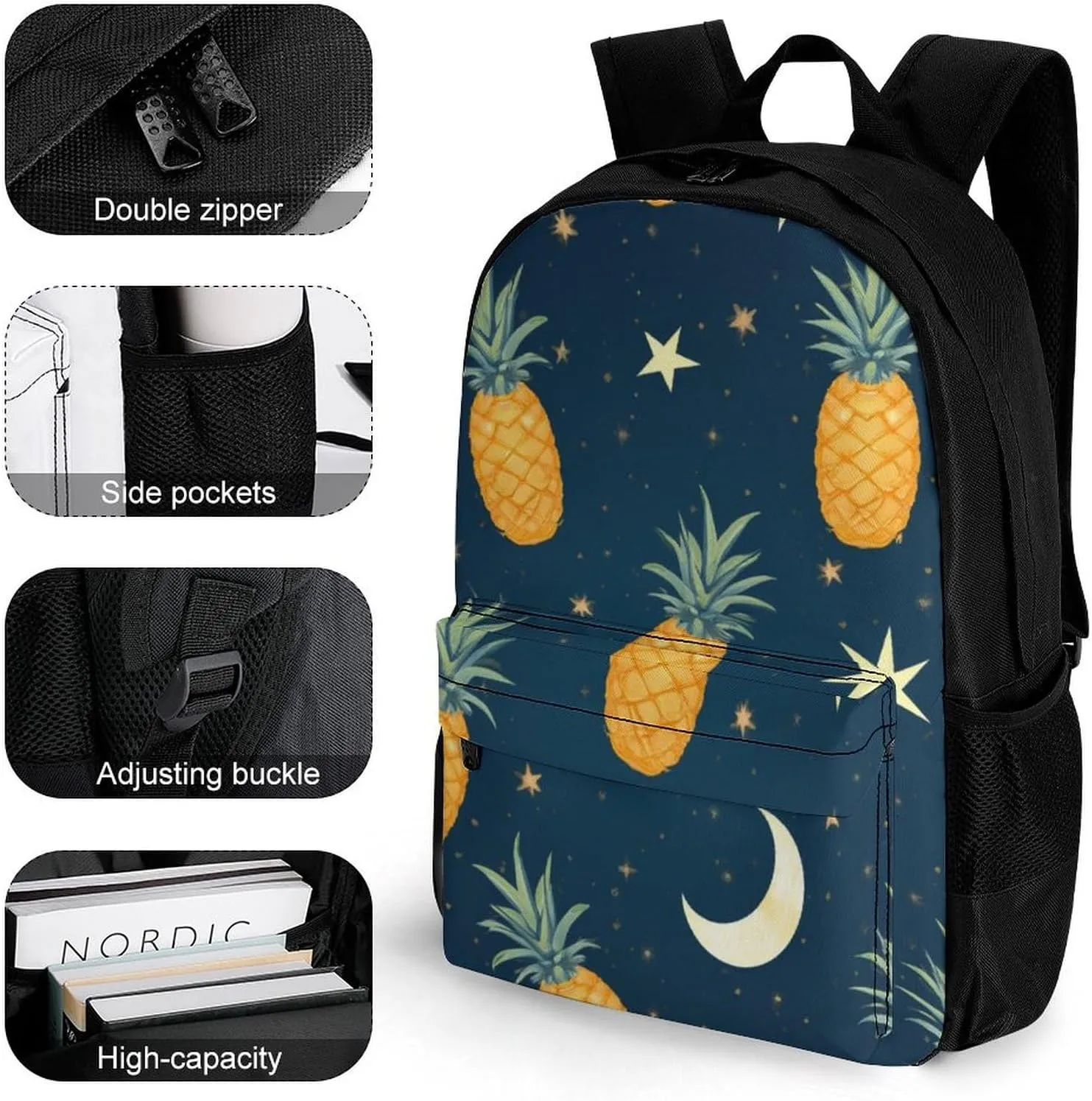 Supdreamc Men Women Polyester Starry Star Pineapple Moon Sky Blue Art Casual Daypack Large Capacity Carry On Bag With Adjustable Shoulder Straps for Camping Work Running