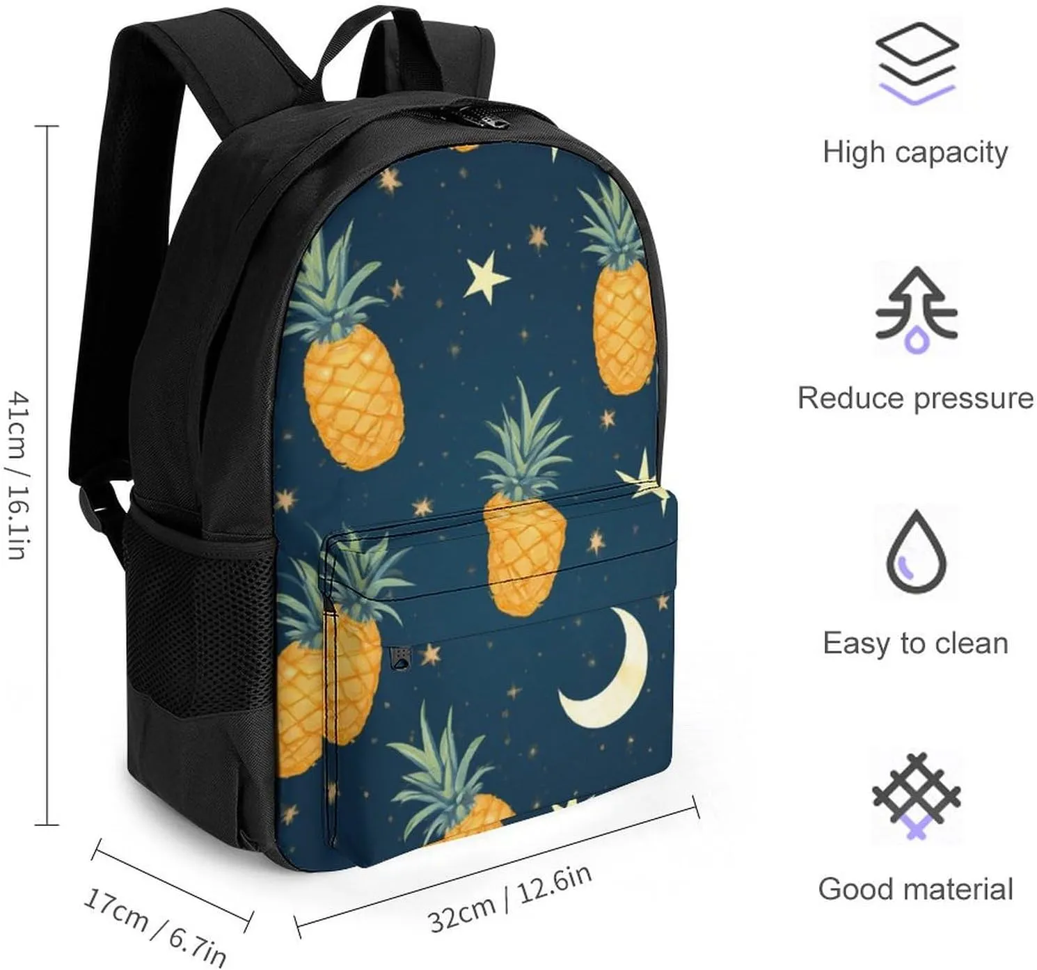 Supdreamc Men Women Polyester Starry Star Pineapple Moon Sky Blue Art Casual Daypack Large Capacity Carry On Bag With Adjustable Shoulder Straps for Camping Work Running