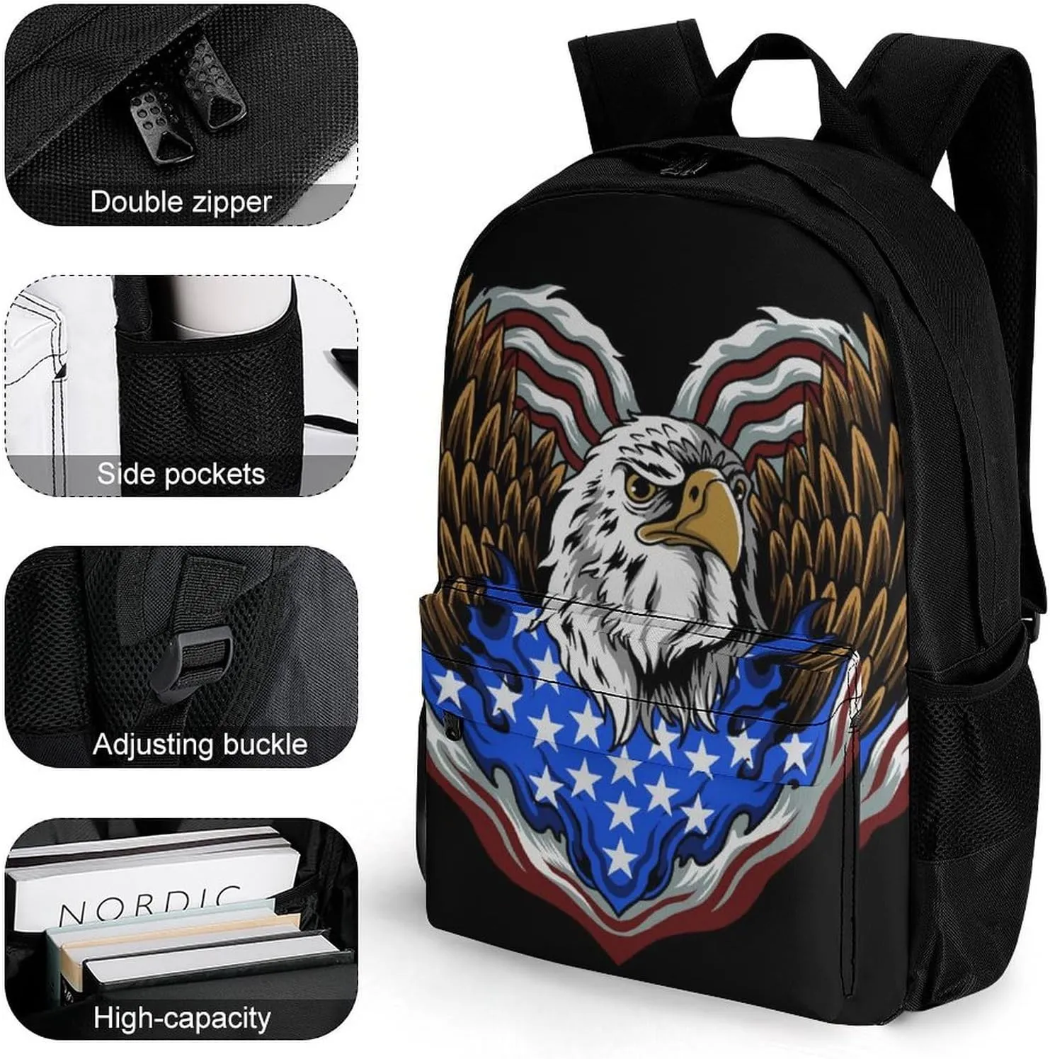 Supdreamc Polyester Daypack for Camping Travel Walking Cycling - Big Capacity Anti-Theft Multipurpose Bookbag, American Flag Usa Cool Bald Eagle Pattern Camping Outdoor Backpack