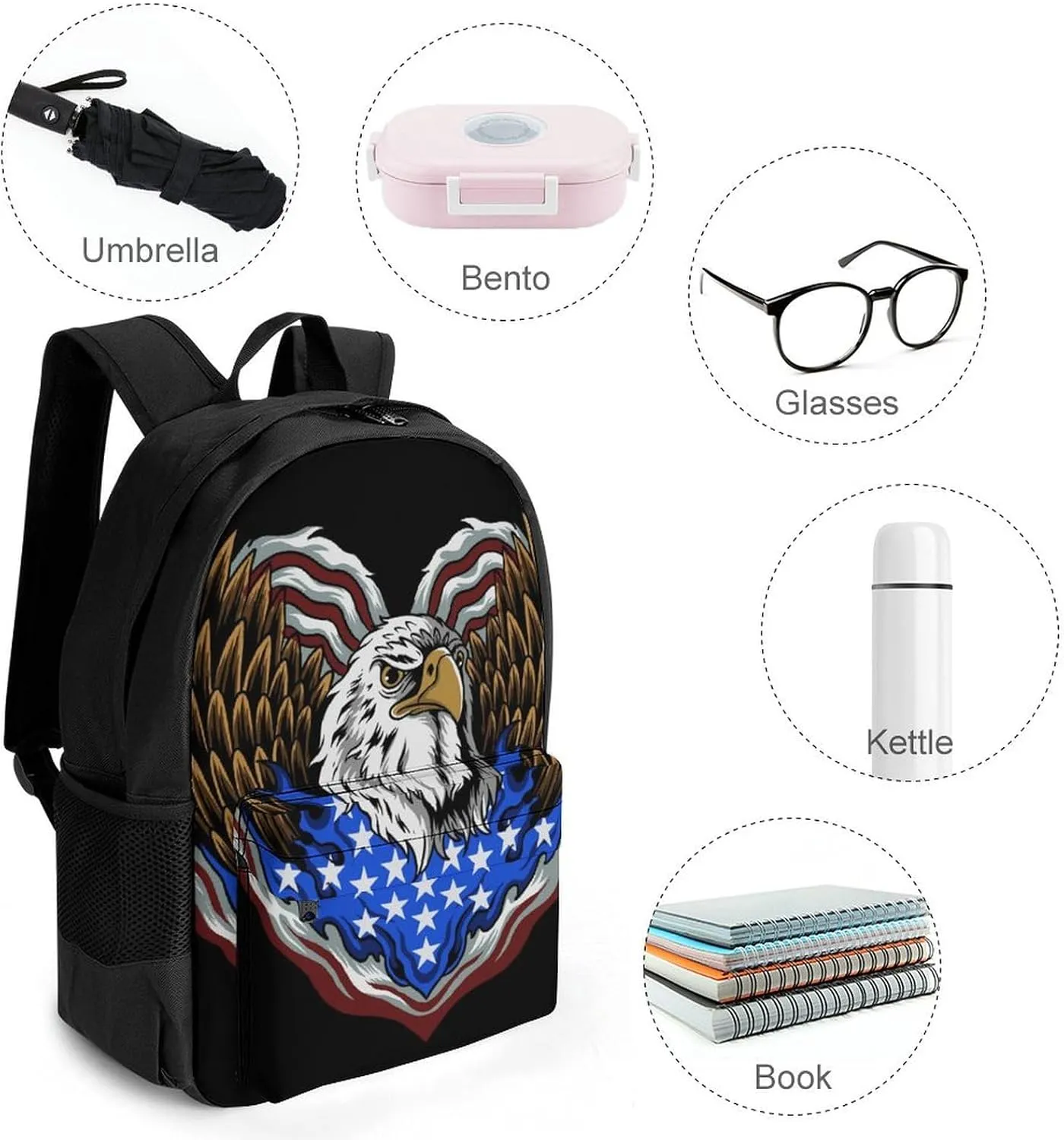 Supdreamc Polyester Daypack for Camping Travel Walking Cycling - Big Capacity Anti-Theft Multipurpose Bookbag, American Flag Usa Cool Bald Eagle Pattern Camping Outdoor Backpack