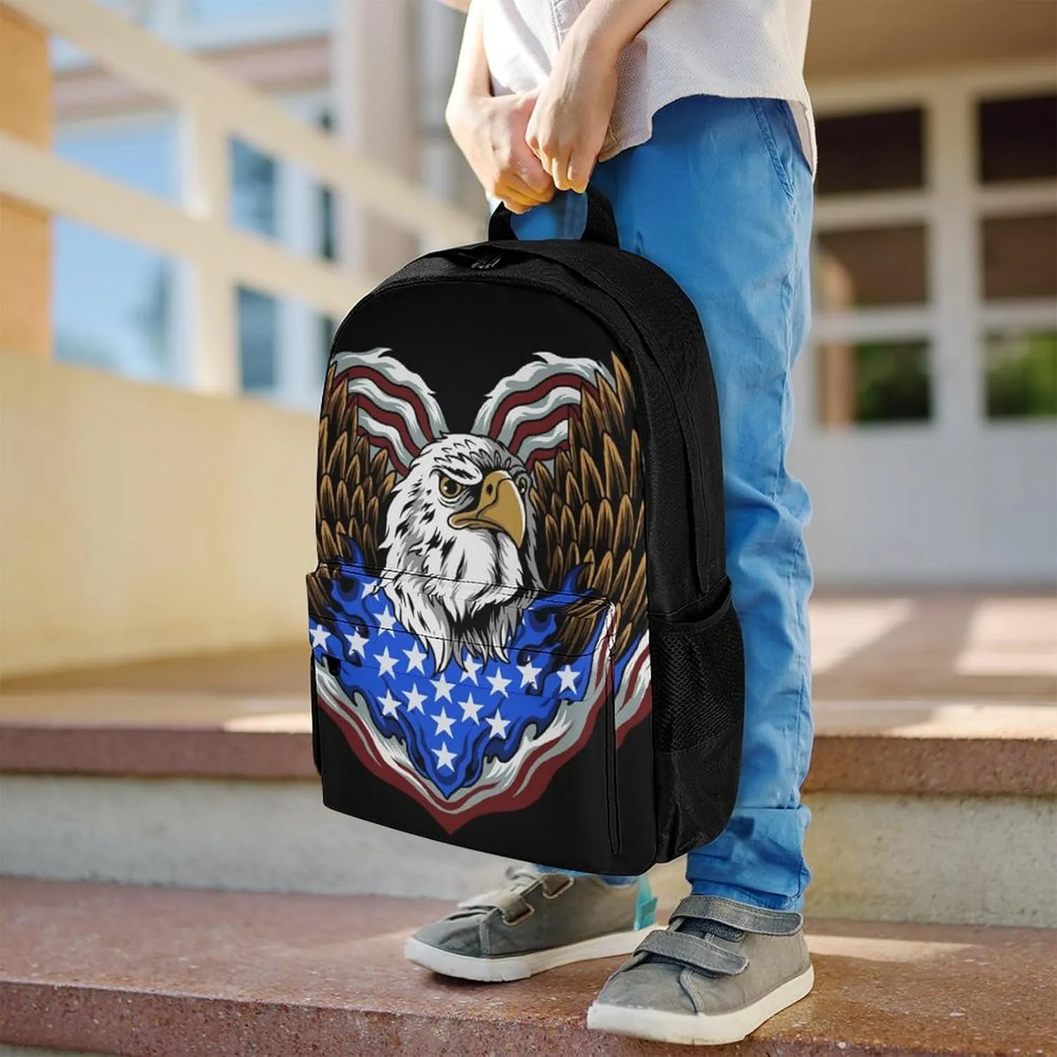 Supdreamc Polyester Daypack for Camping Travel Walking Cycling - Big Capacity Anti-Theft Multipurpose Bookbag, American Flag Usa Cool Bald Eagle Pattern Camping Outdoor Backpack