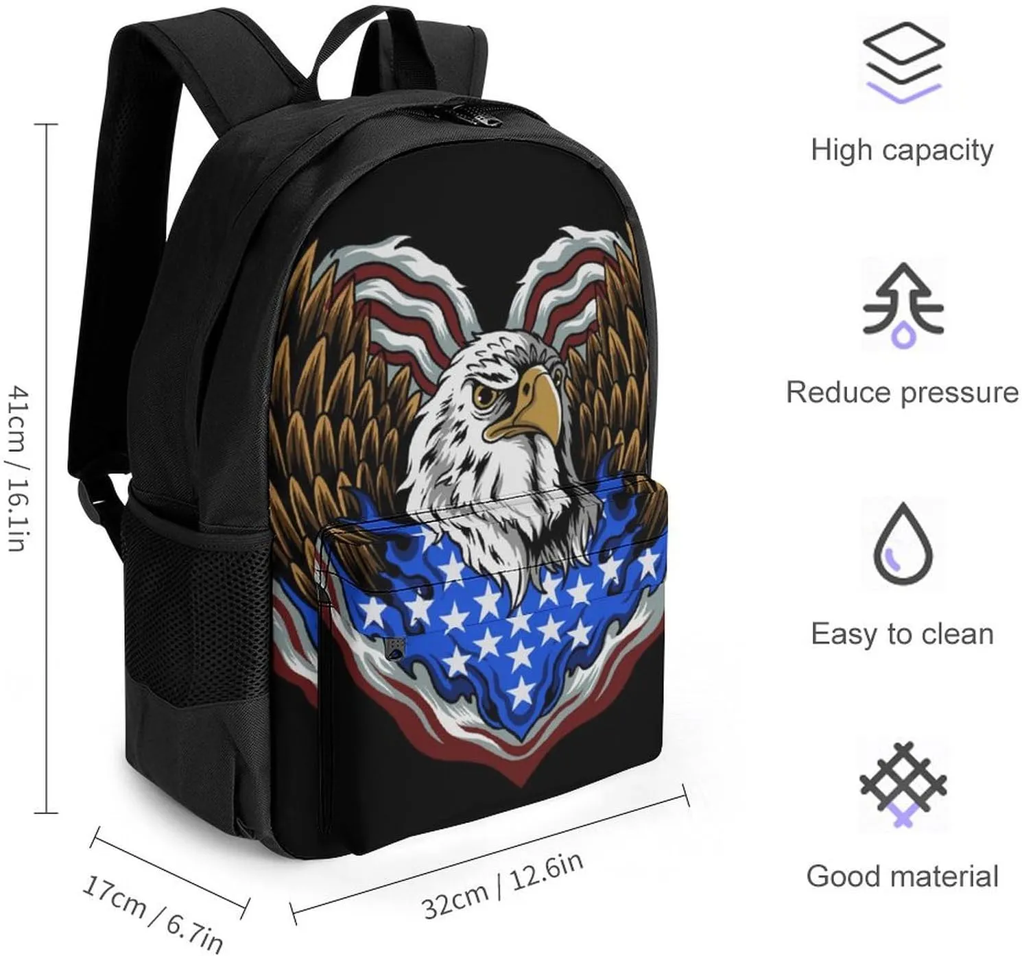 Supdreamc Polyester Daypack for Camping Travel Walking Cycling - Big Capacity Anti-Theft Multipurpose Bookbag, American Flag Usa Cool Bald Eagle Pattern Camping Outdoor Backpack