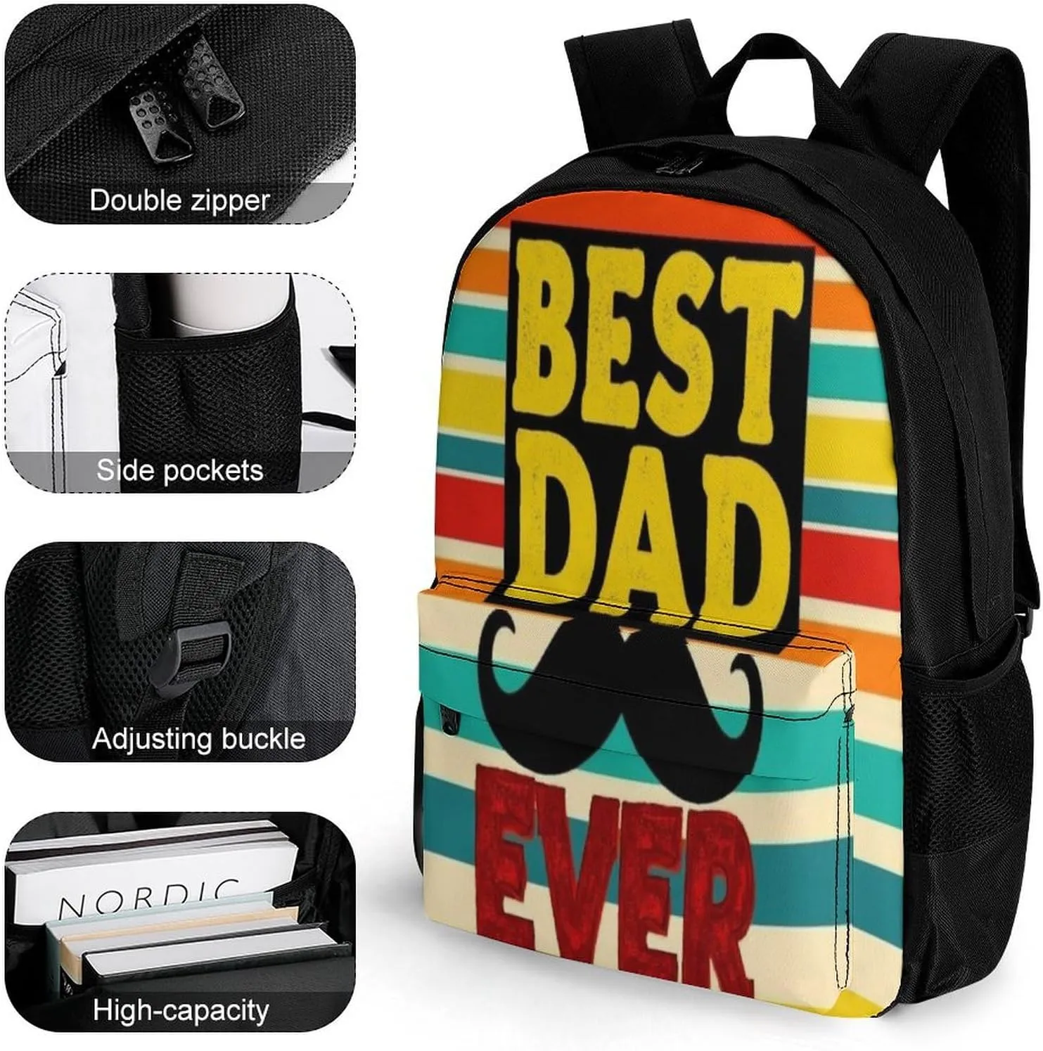 Supdreamc Polyester Daypack for Camping Travel Walking Cycling - Big Capacity Anti-Theft Multipurpose Bookbag, Beard Best Dad Ever Camping Outdoor Backpack