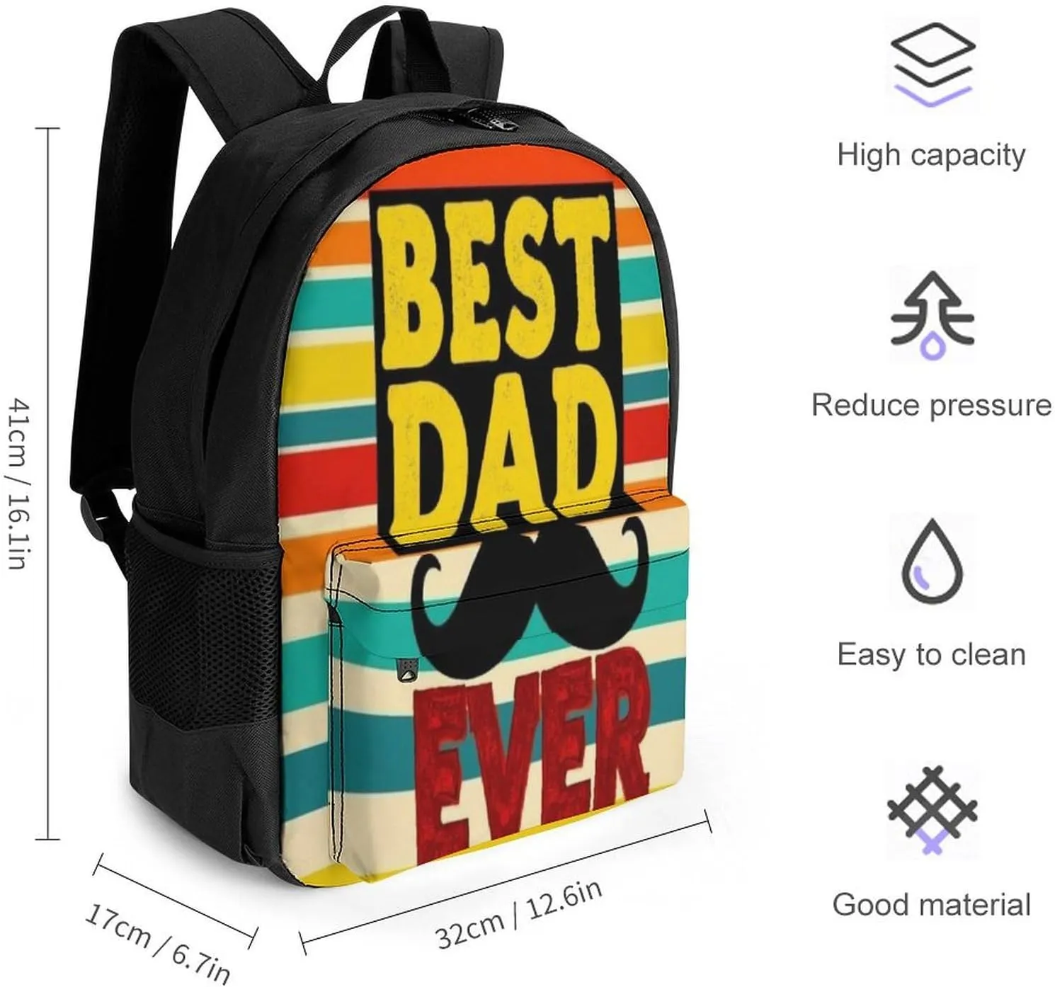 Supdreamc Polyester Daypack for Camping Travel Walking Cycling - Big Capacity Anti-Theft Multipurpose Bookbag, Beard Best Dad Ever Camping Outdoor Backpack